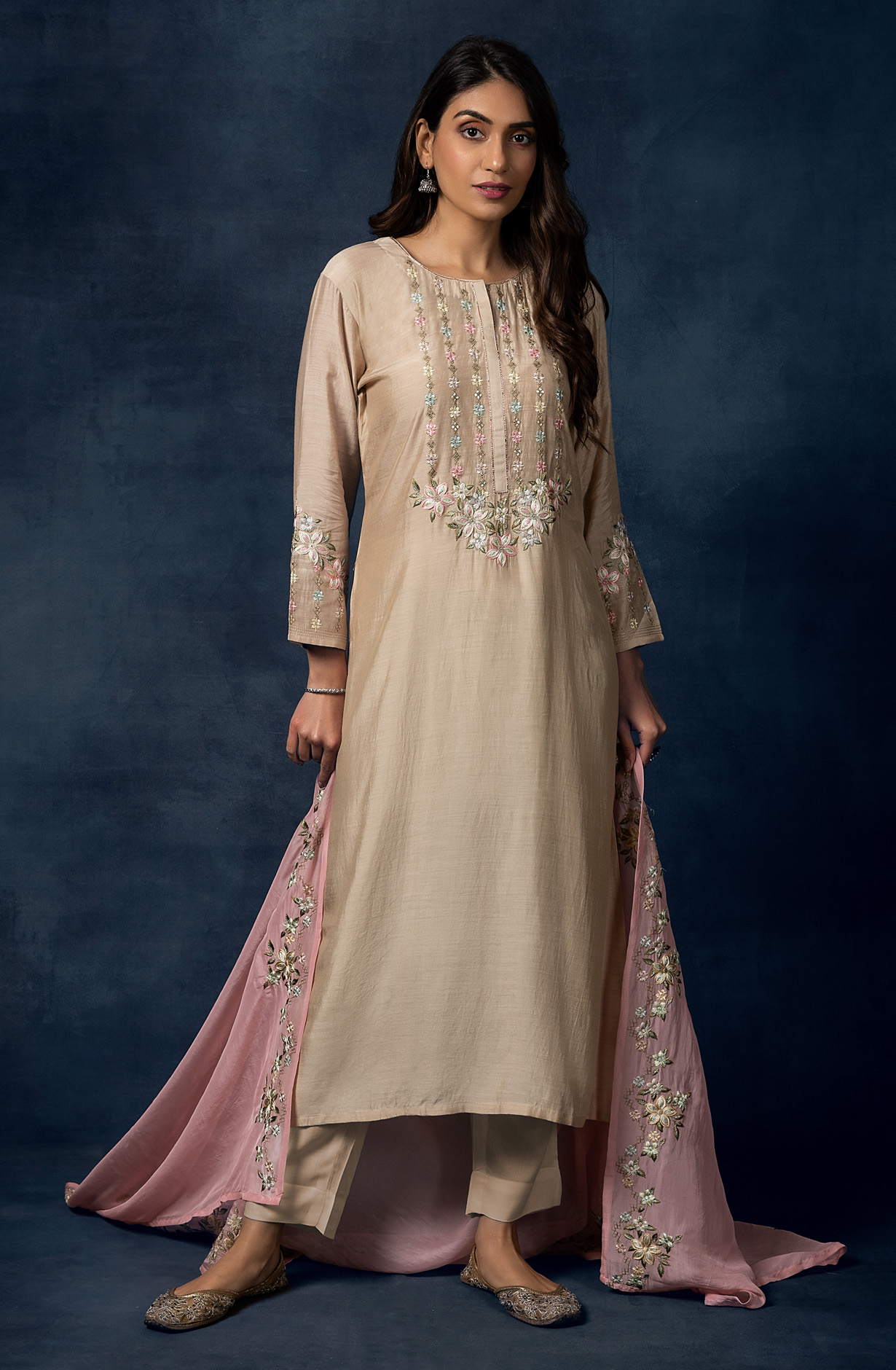Beige Muslin Exclusive Embroidered Suit with Organza Dupatta - R157-SPR1406