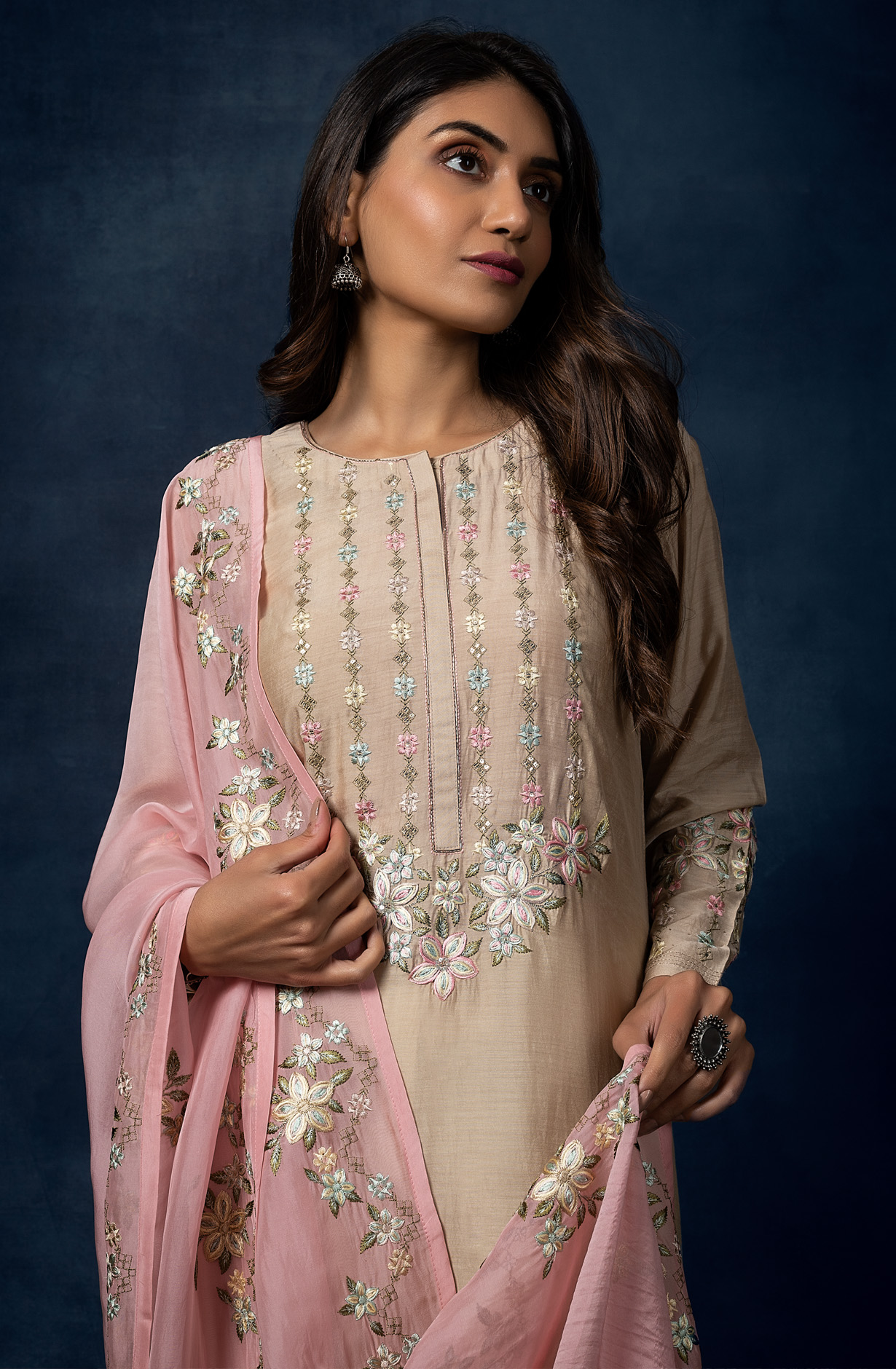 Beige Muslin Exclusive Embroidered Suit with Organza Dupatta - R157-SPR1406