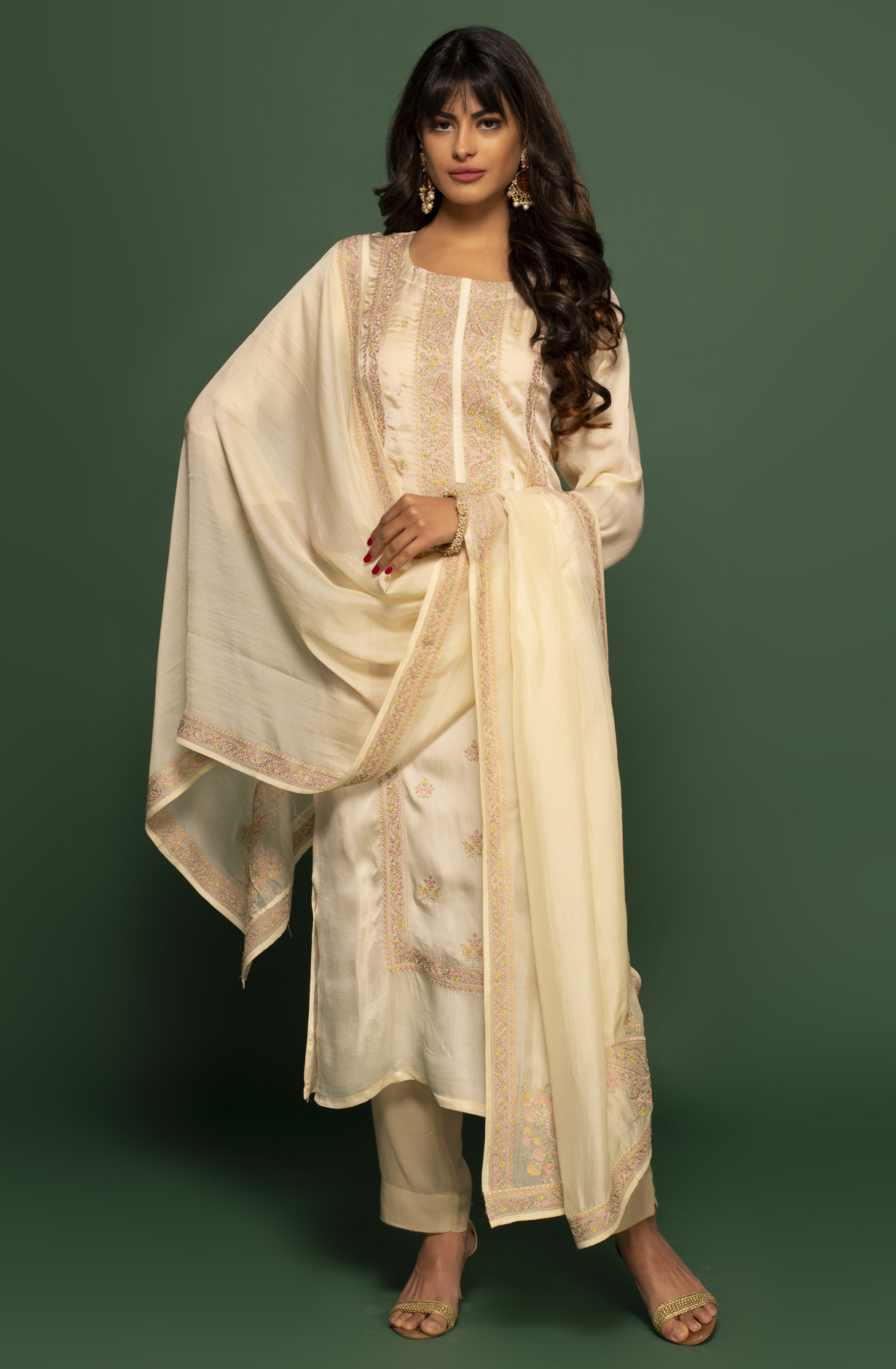 Organza Designer Cream Embroidered Salwar Kameez with Dupatta - R157-SPR1415