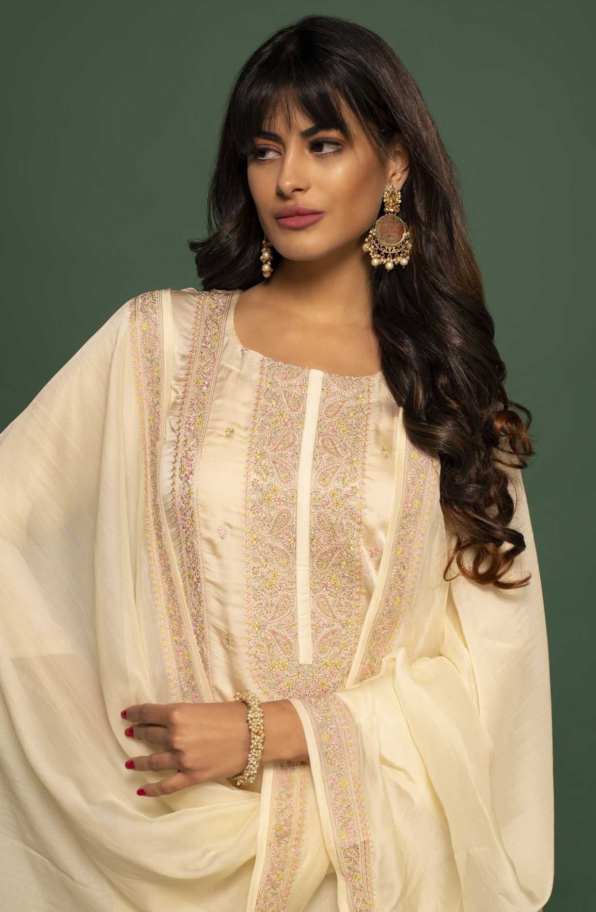 Organza Designer Cream Embroidered Salwar Kameez with Dupatta - R157-SPR1415