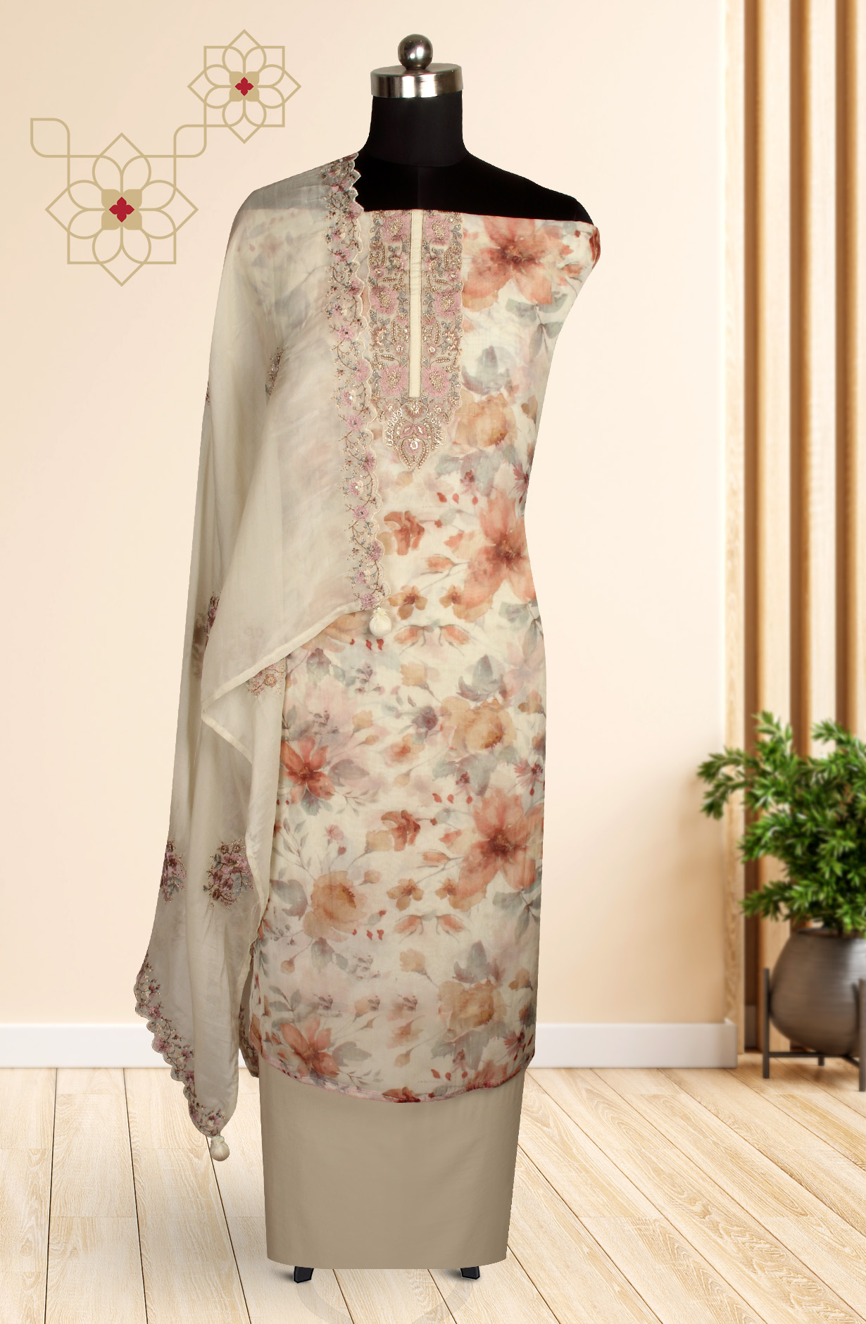 Multi-coloured Beautiful Organza Digital Printed Salwar Suit - R157-SPR1421