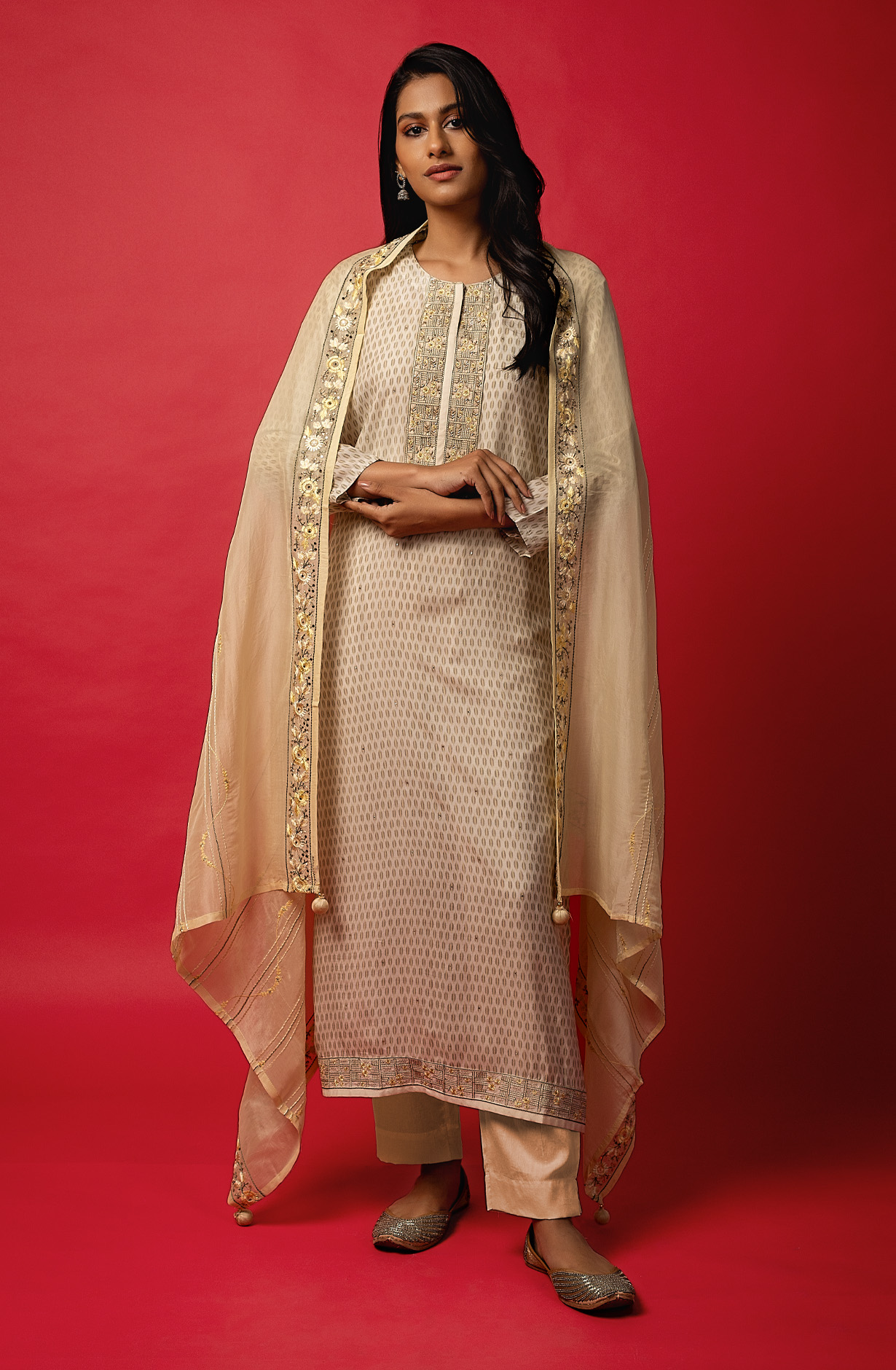 Cream Muslin Digital Print Designer Salwar Kameez with Organza Dupatta - R157-SPR1431