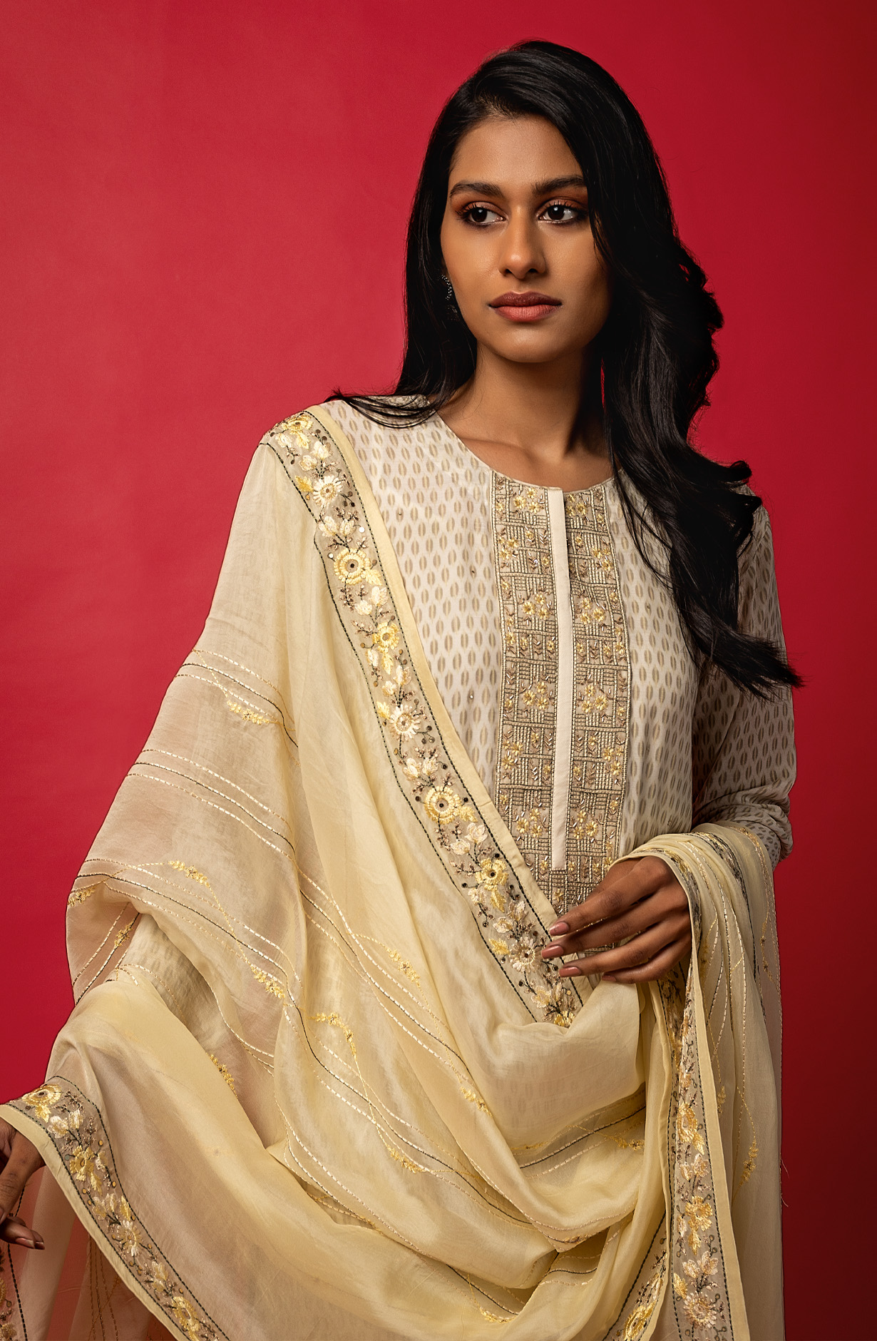 Cream Muslin Digital Print Designer Salwar Kameez with Organza Dupatta - R157-SPR1431