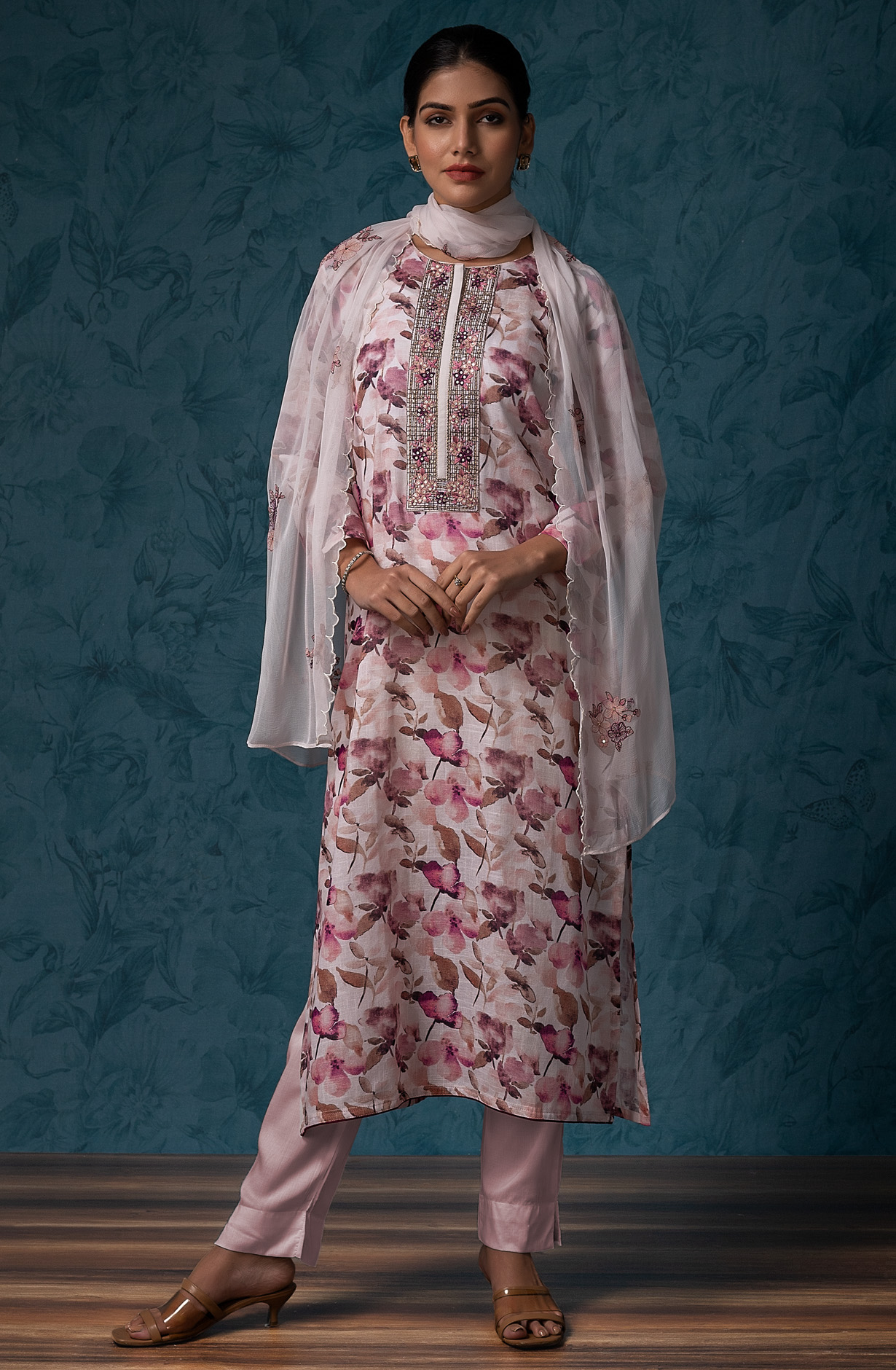 Multi-coloured Linen Digital Print Exclusive Suit-sets with Chiffon Dupatta - R157-SPR1444A