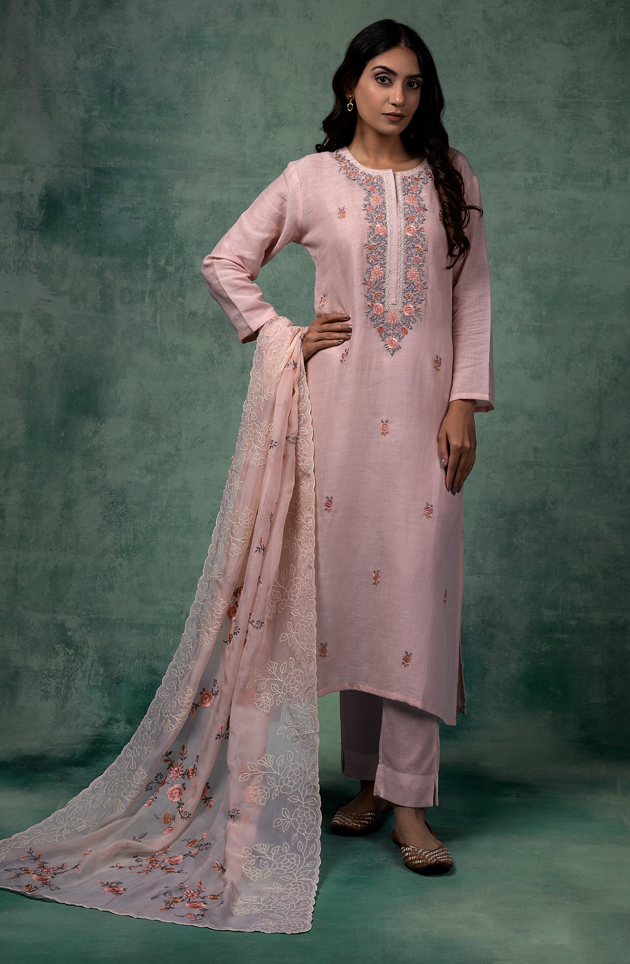 Pink Linen Beautiful Embroidered Salwar Kameez with Organza Dupatta - R157-SPR1450A