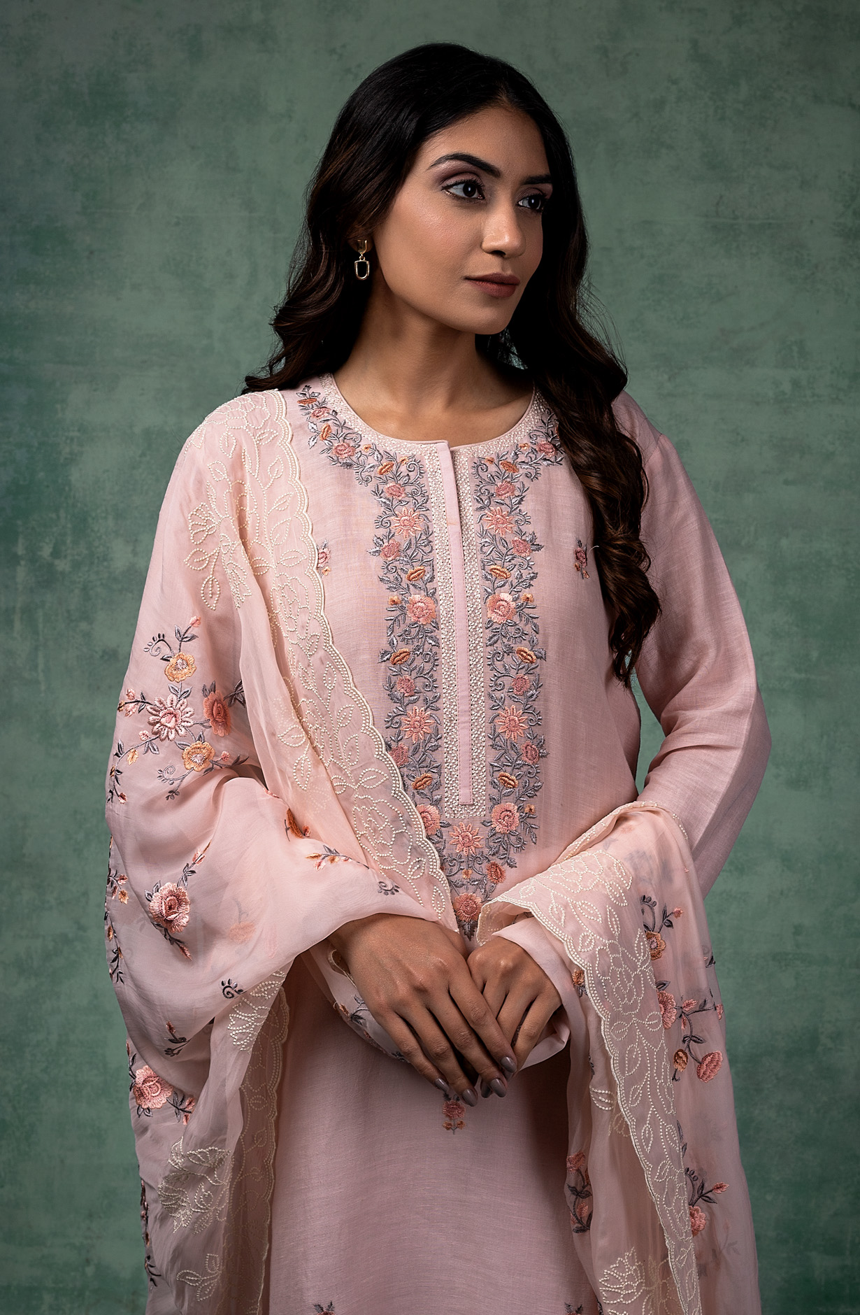 Pink Linen Beautiful Embroidered Salwar Kameez with Organza Dupatta - R157-SPR1450A
