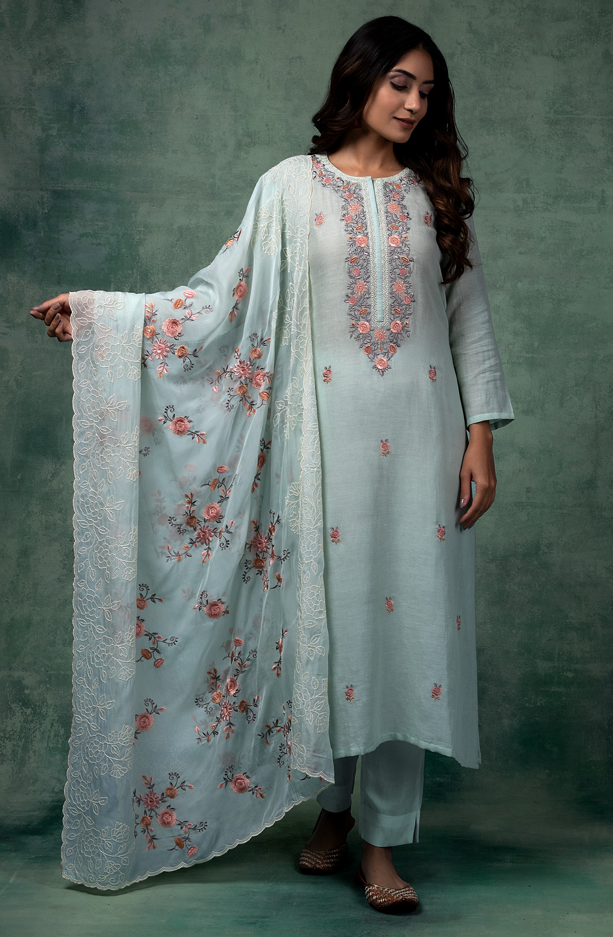 Sea Green Linen Beautiful Embroidered Salwar Kameez with Organza Dupatta - R157-SPR1450C