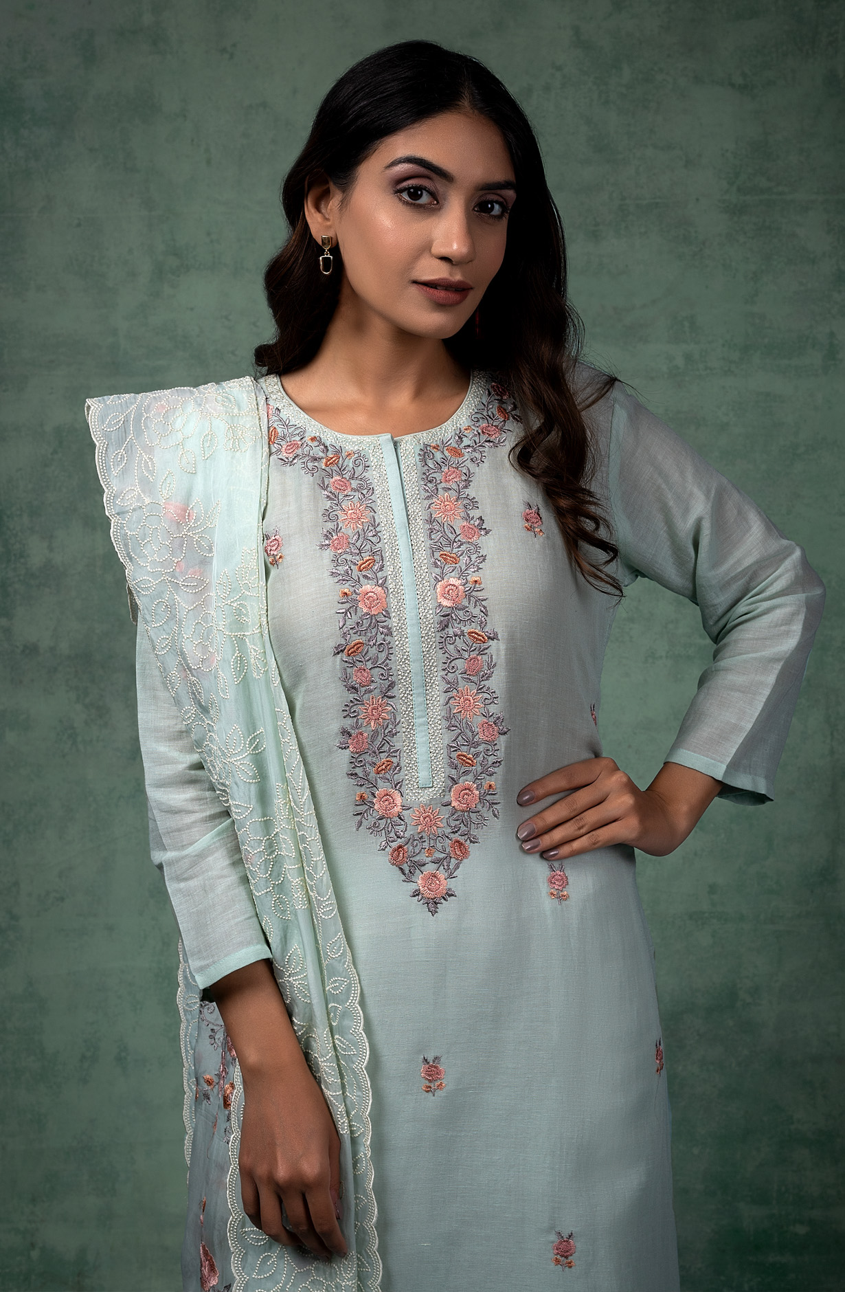Sea Green Linen Beautiful Embroidered Salwar Kameez with Organza Dupatta - R157-SPR1450C