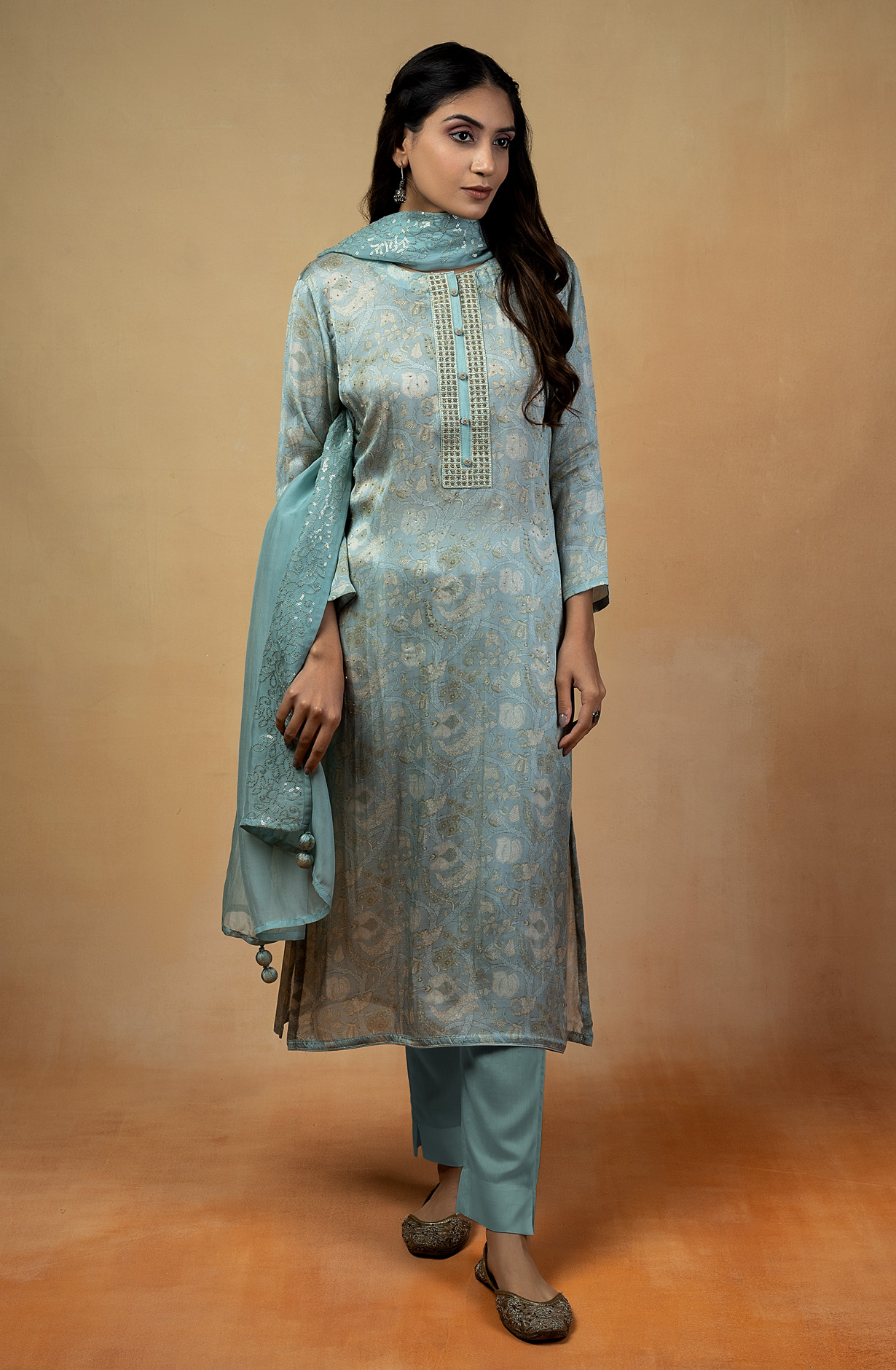 Pastel Green Muslin Digital Print Designer Salwar Kameez with Organza Dupatta - R157-SPR1459