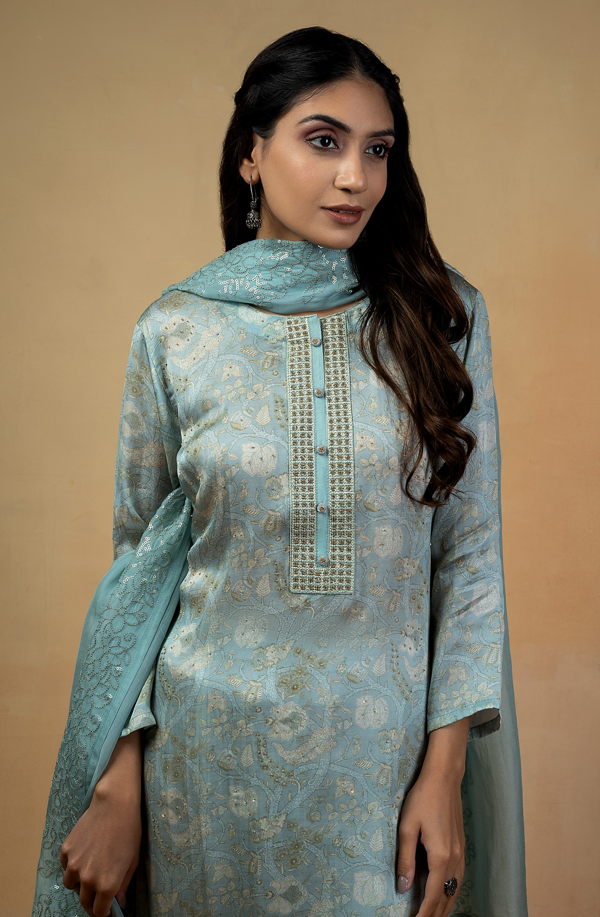 Pastel Green Muslin Digital Print Designer Salwar Kameez with Organza Dupatta - R157-SPR1459