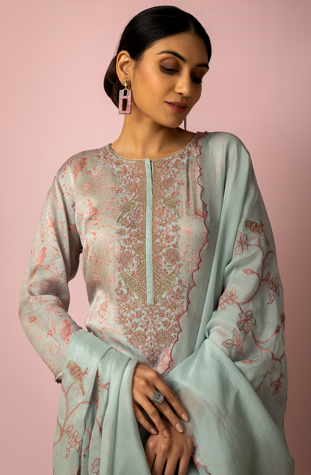 Pastel Green Cotton Silk Digital Print Designer Salwar Kameez with Organza Dupatta - R157-SPR1461