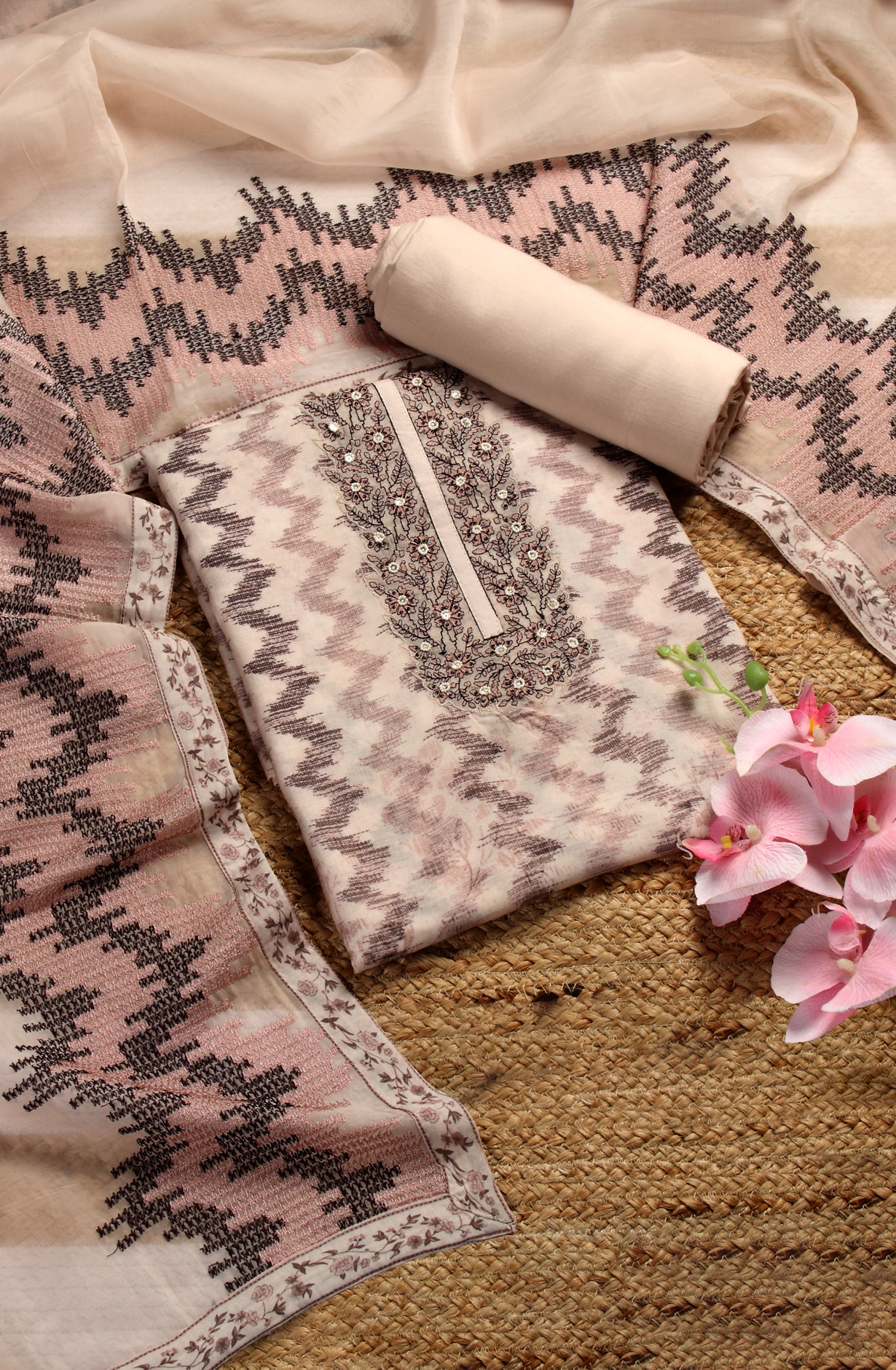 Multi-coloured Muslin Exclusive Salwar Kameez with Organza Dupatta - R157-SPR1464