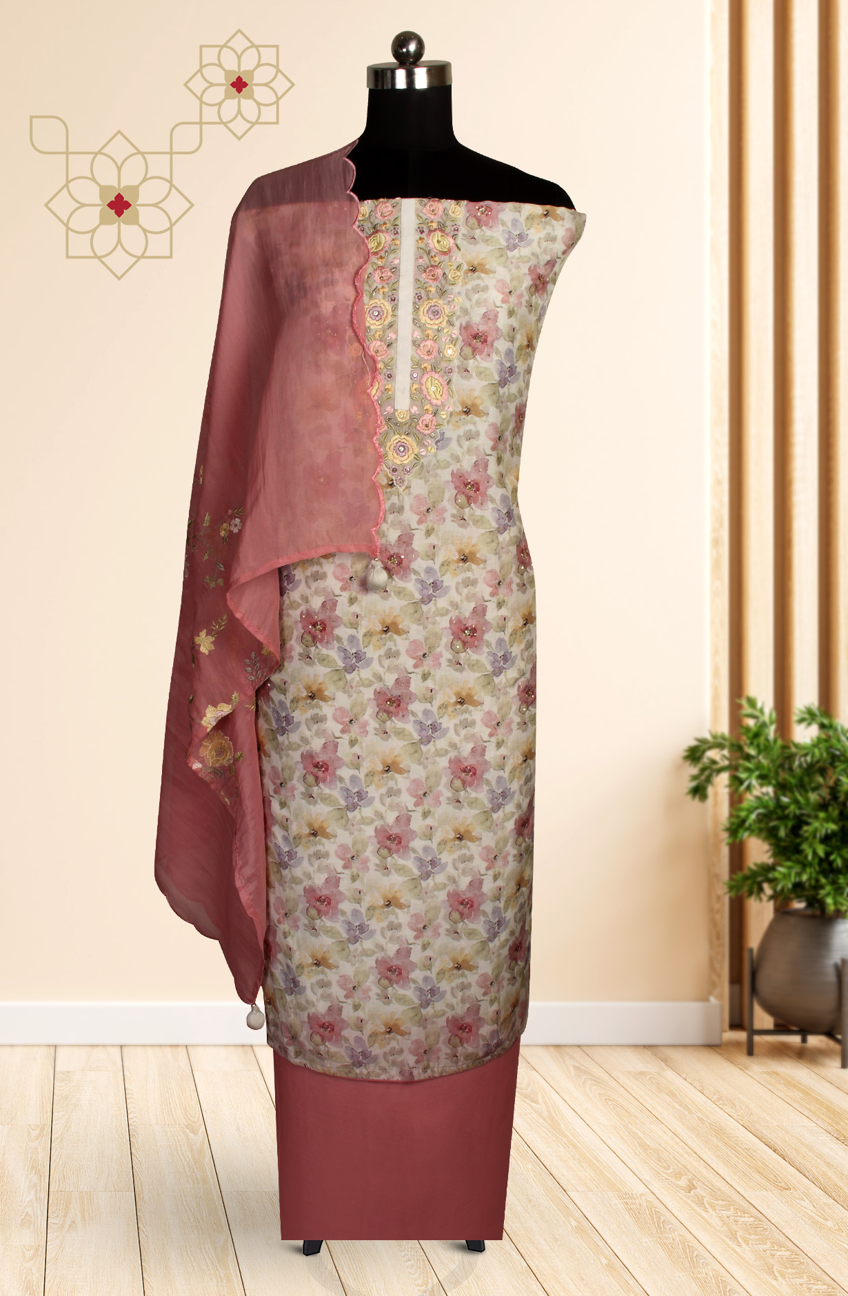 Multi-coloured Modal Exclusive Salwar Kameez with Organza Dupatta - R157-SPR1503