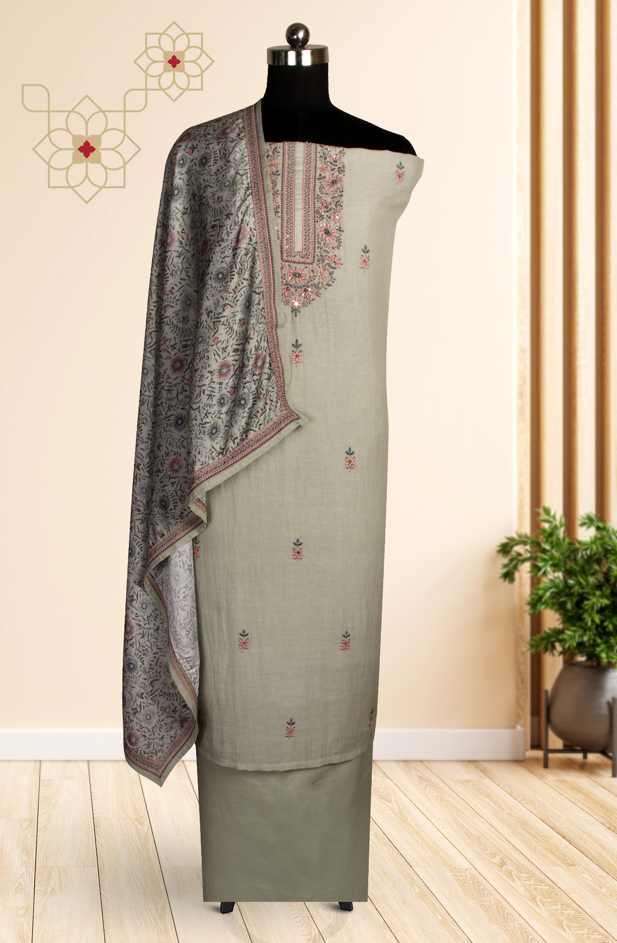 Pastel Green Cotton Embroidered Salwar Kameez with Dupatta - R157-SPR1505A
