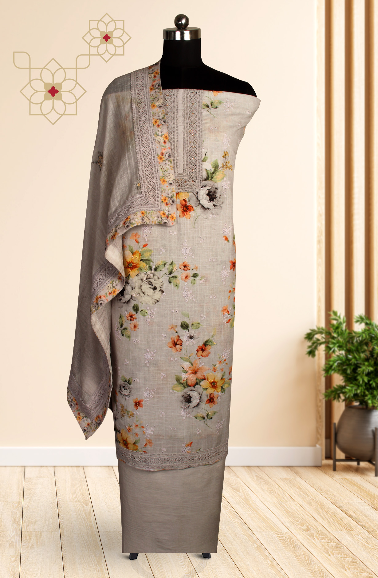 Grey Linen Embroidered Salwar Kameez with Dupatta - R157-SPR1509A