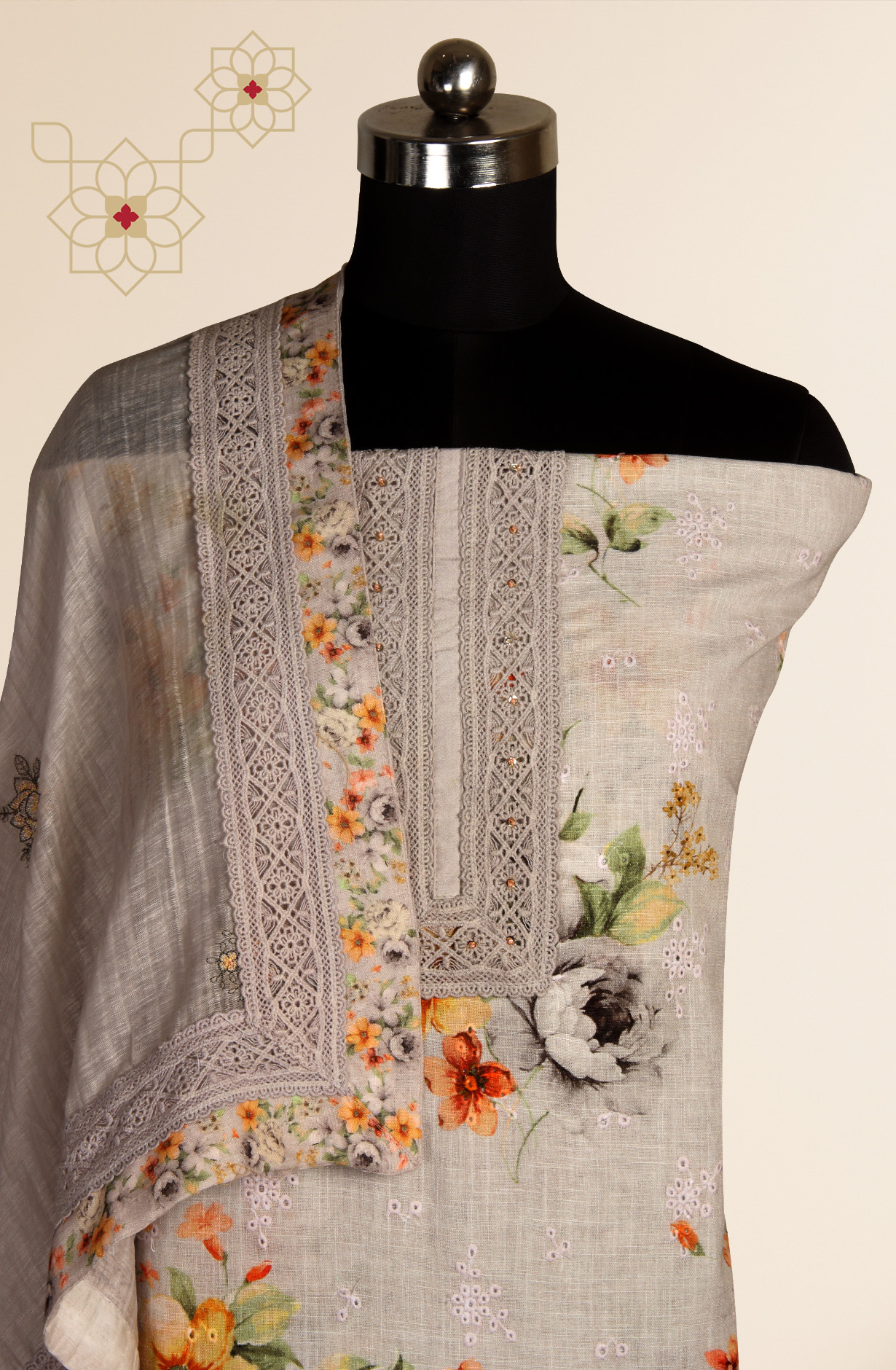 Grey Linen Embroidered Salwar Kameez with Dupatta - R157-SPR1509A