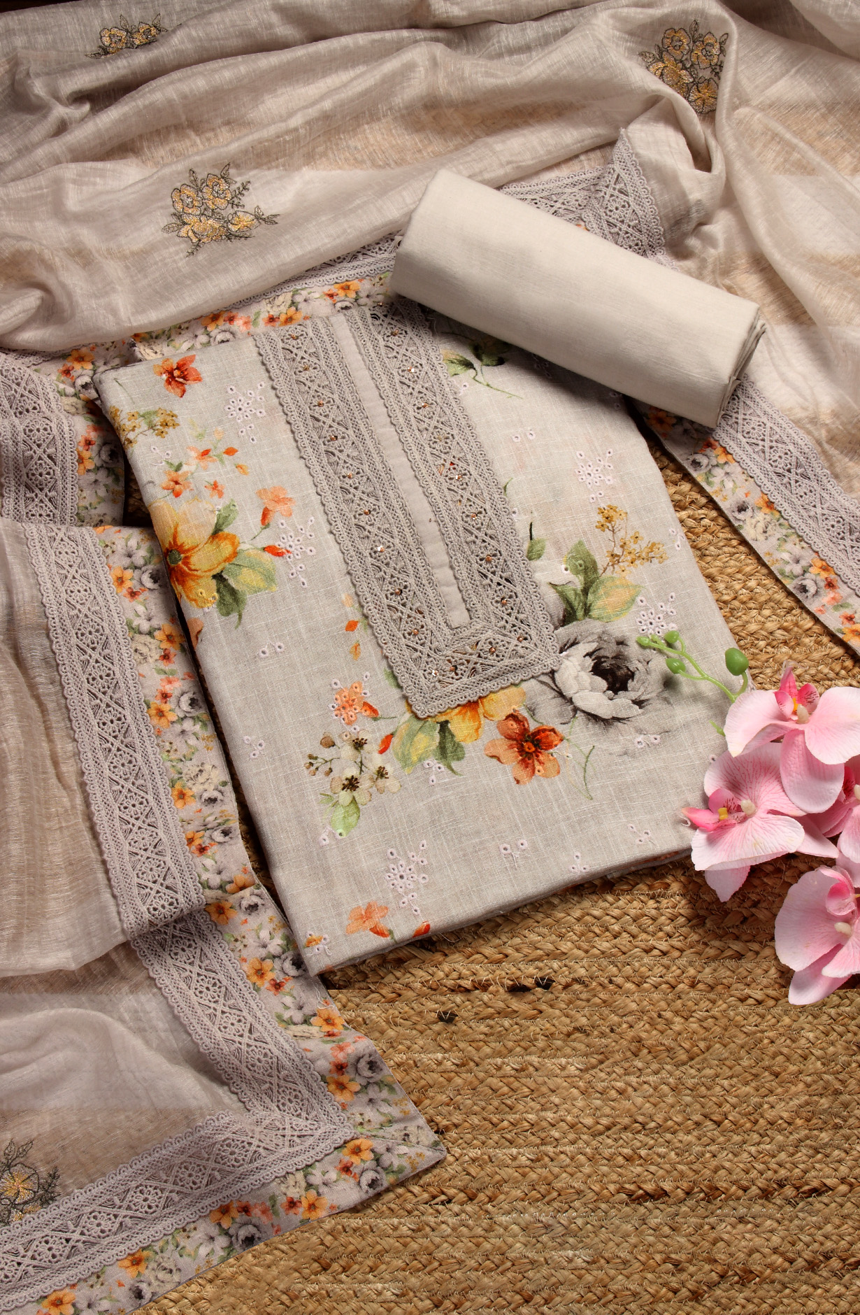 Grey Linen Embroidered Salwar Kameez with Dupatta - R157-SPR1509A