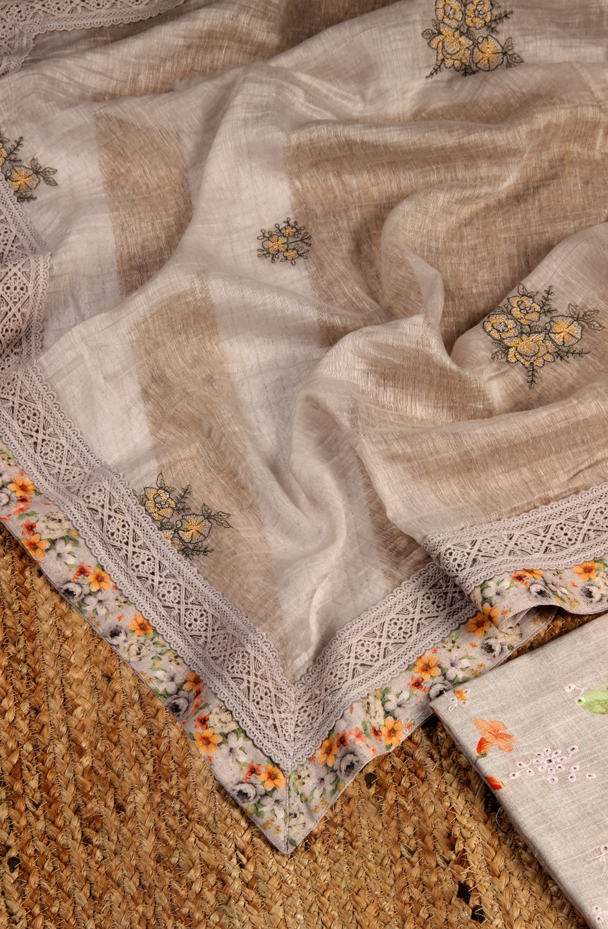 Grey Linen Embroidered Salwar Kameez with Dupatta - R157-SPR1509A