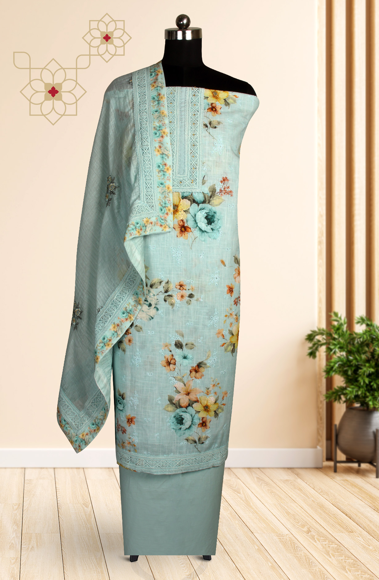 Sea Green Linen Embroidered Salwar Kameez with Dupatta - R157-SPR1509C