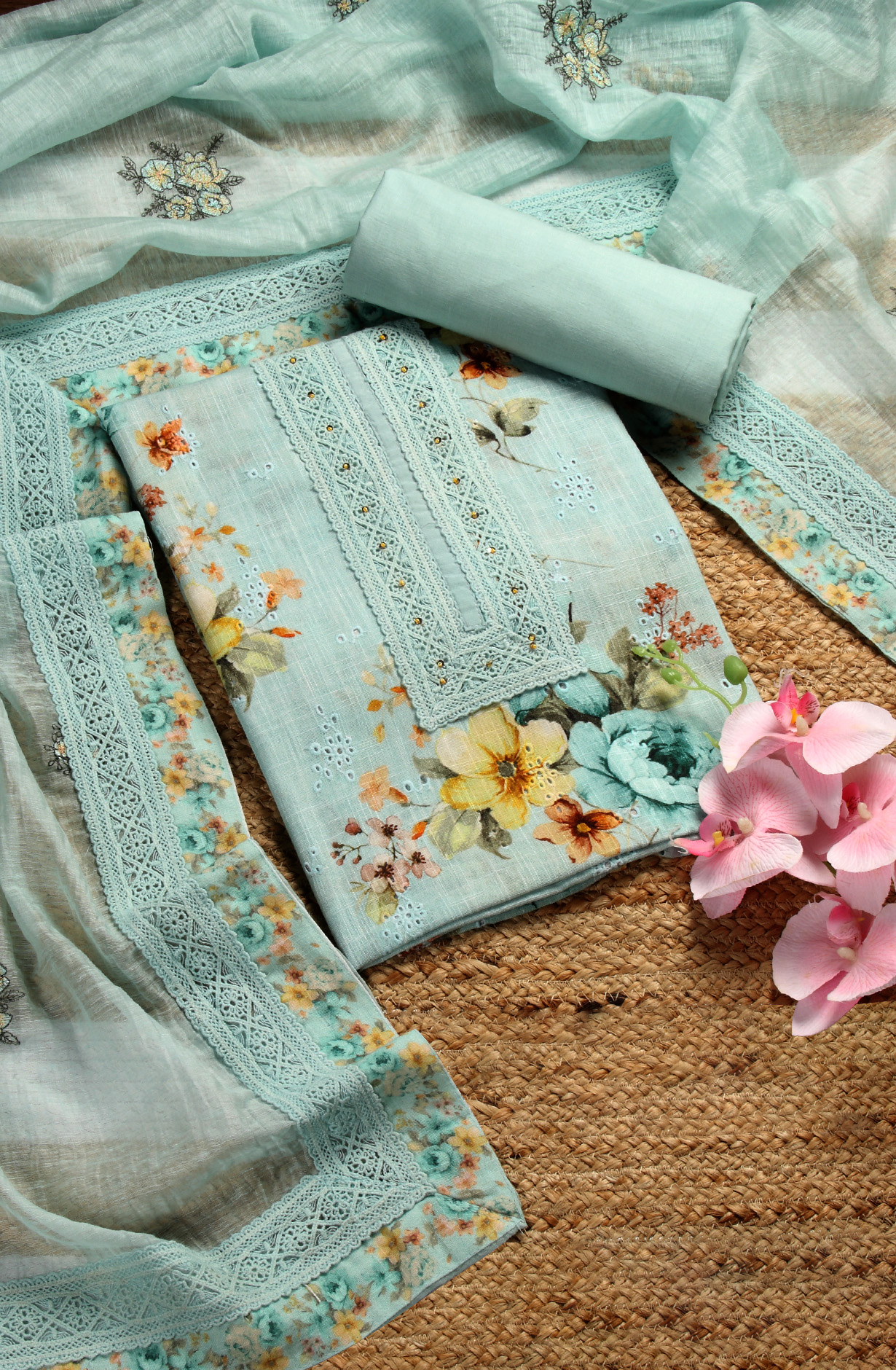 Sea Green Linen Embroidered Salwar Kameez with Dupatta - R157-SPR1509C