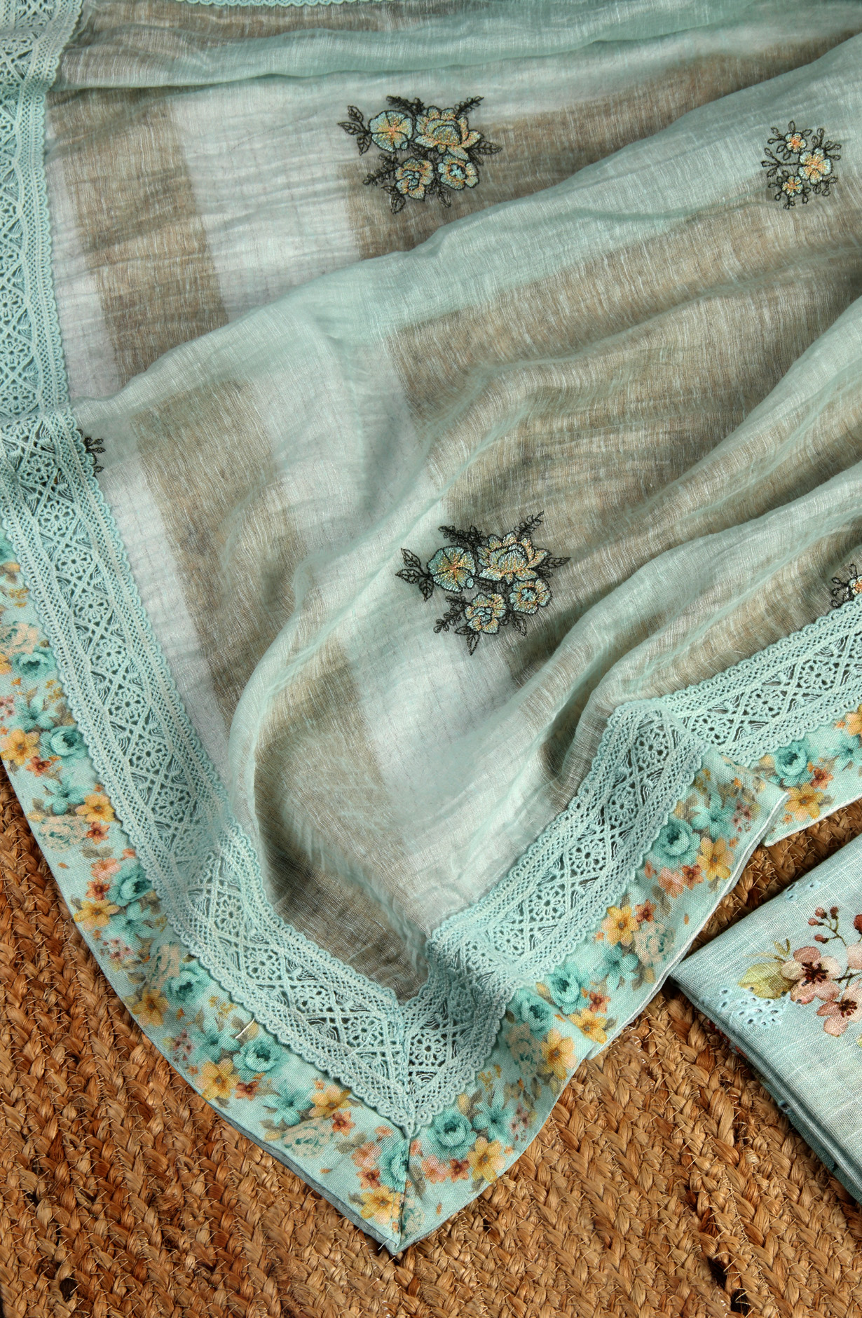 Sea Green Linen Embroidered Salwar Kameez with Dupatta - R157-SPR1509C