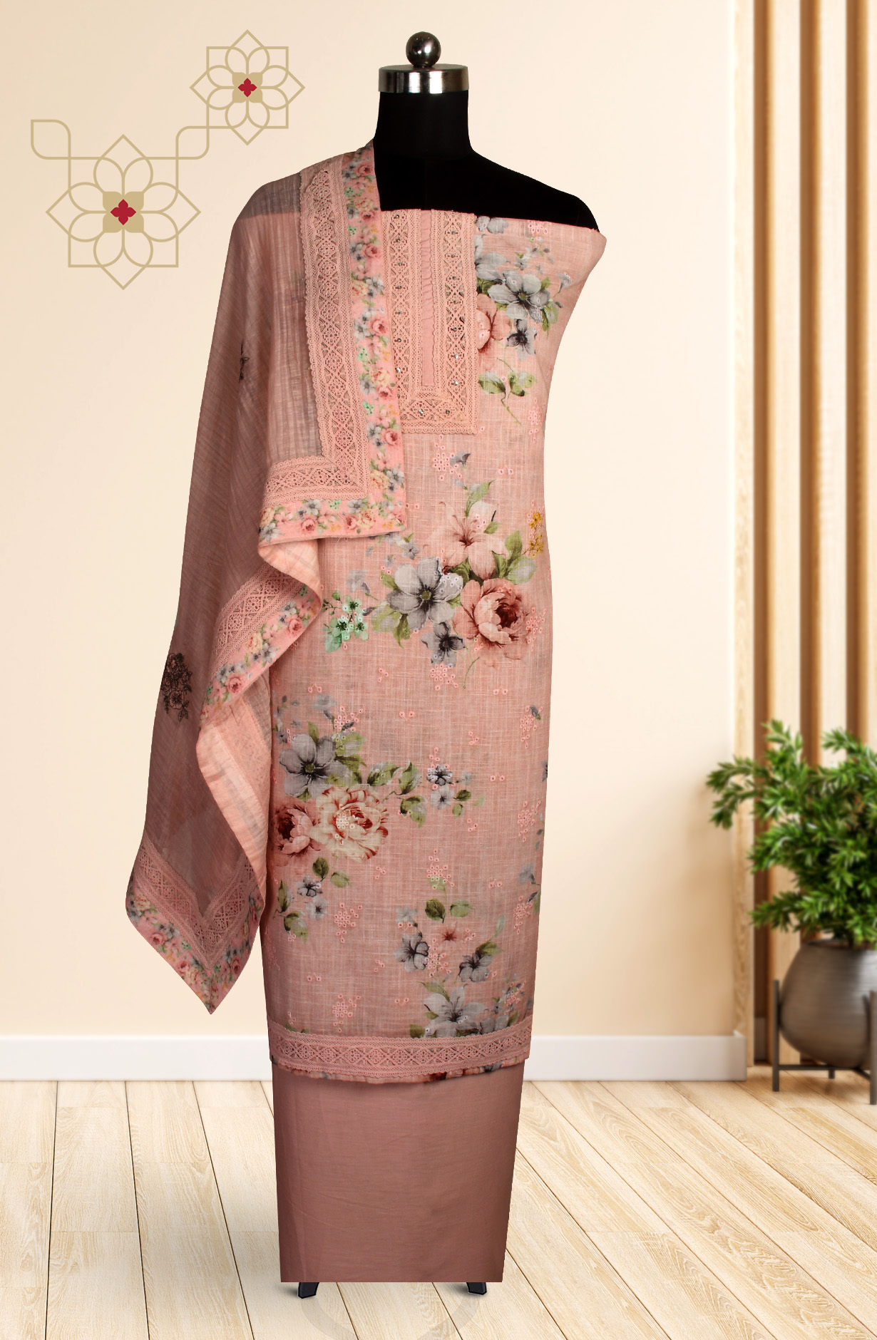 Pink Linen Embroidered Salwar Kameez with Dupatta - R157-SPR1509D