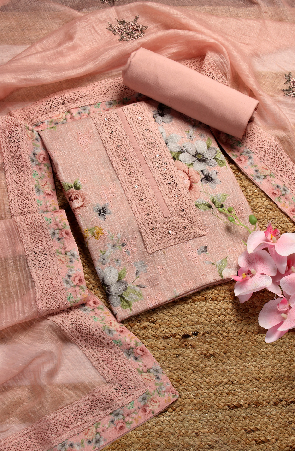 Pink Linen Embroidered Salwar Kameez with Dupatta - R157-SPR1509D