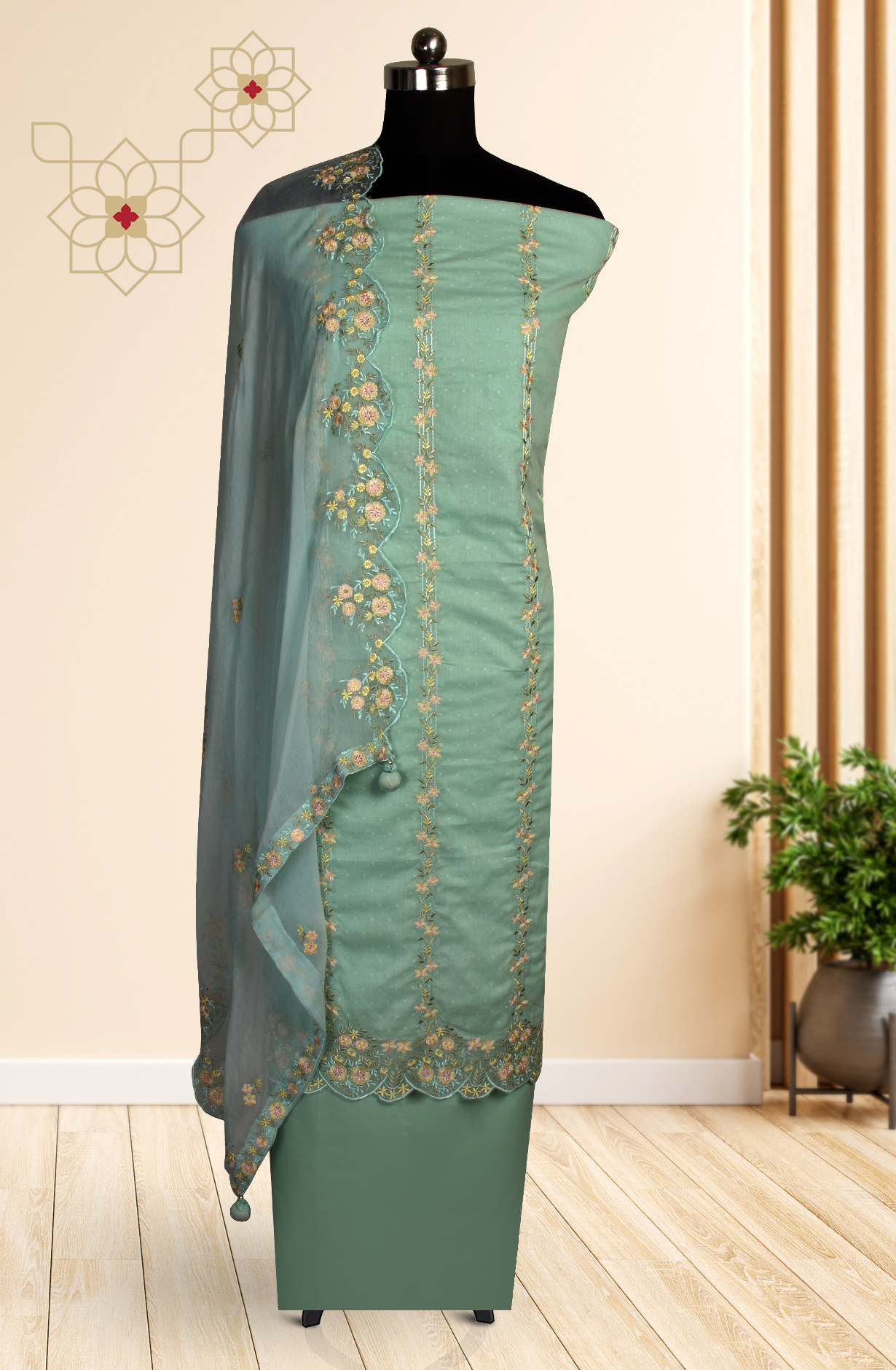 Sea Green Cotton Beautiful Embroidered Salwar Kameez with Chiffon Dupatta - R157-SPR1511C