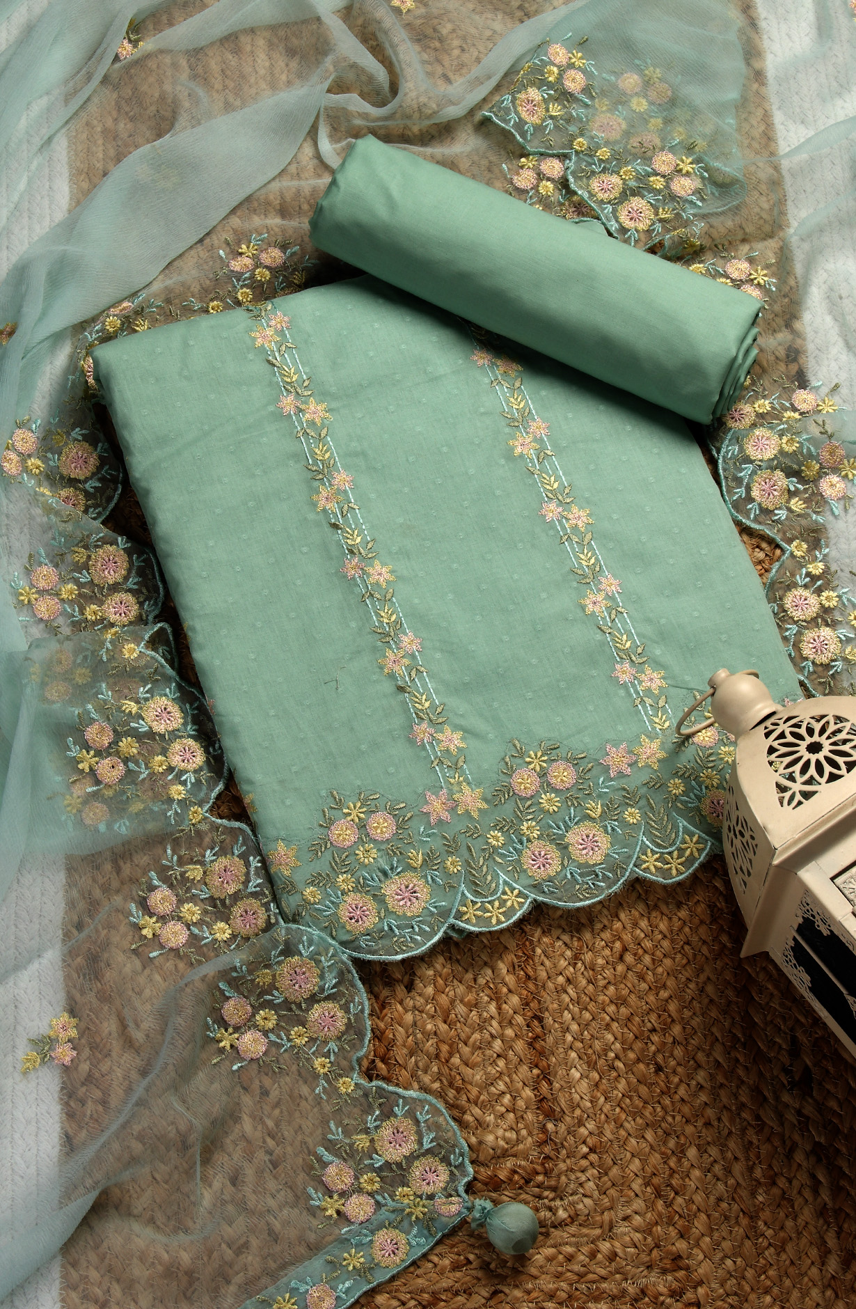 Sea Green Cotton Beautiful Embroidered Salwar Kameez with Chiffon Dupatta - R157-SPR1511C