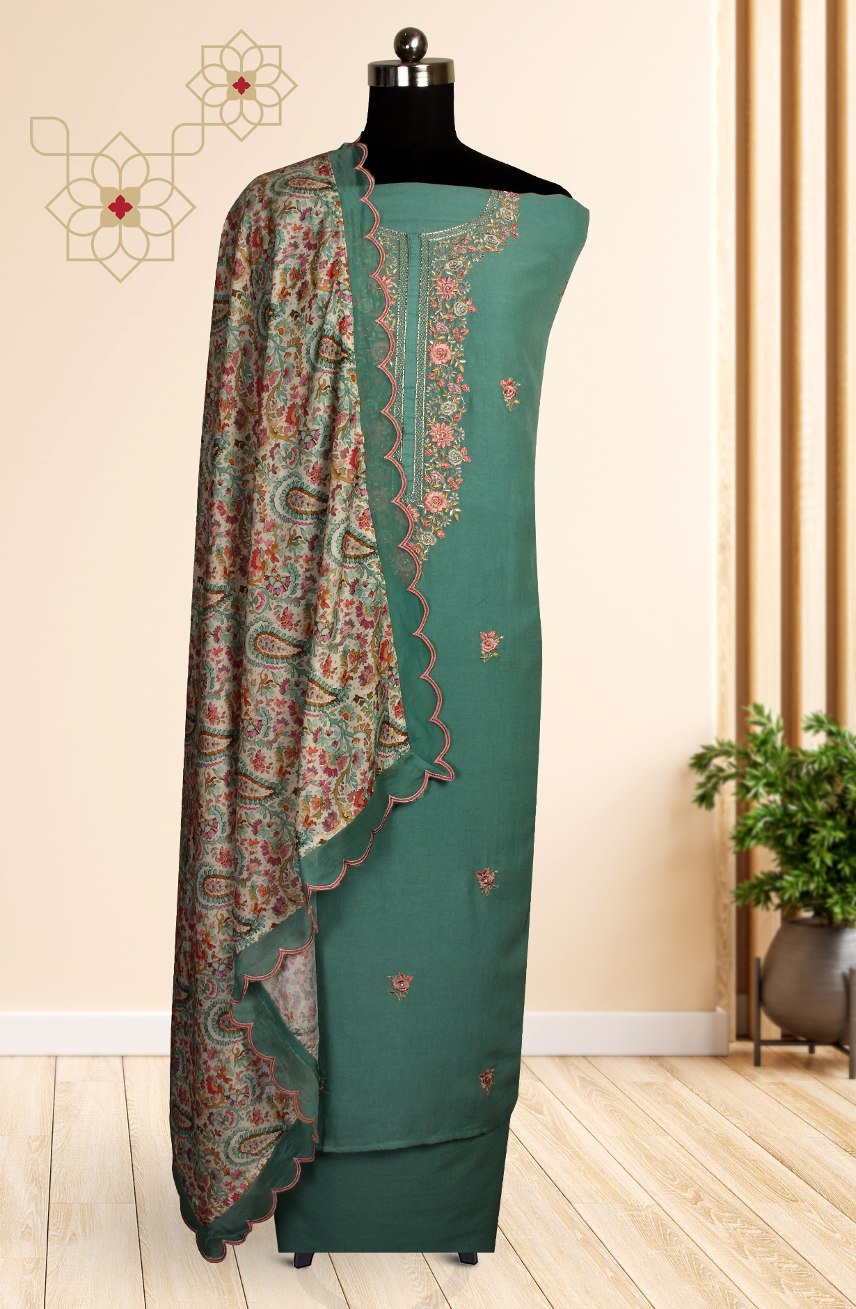 Green Cotton Beautiful Embroidered Unstitched Salwar Suit - R157-SPR1517A