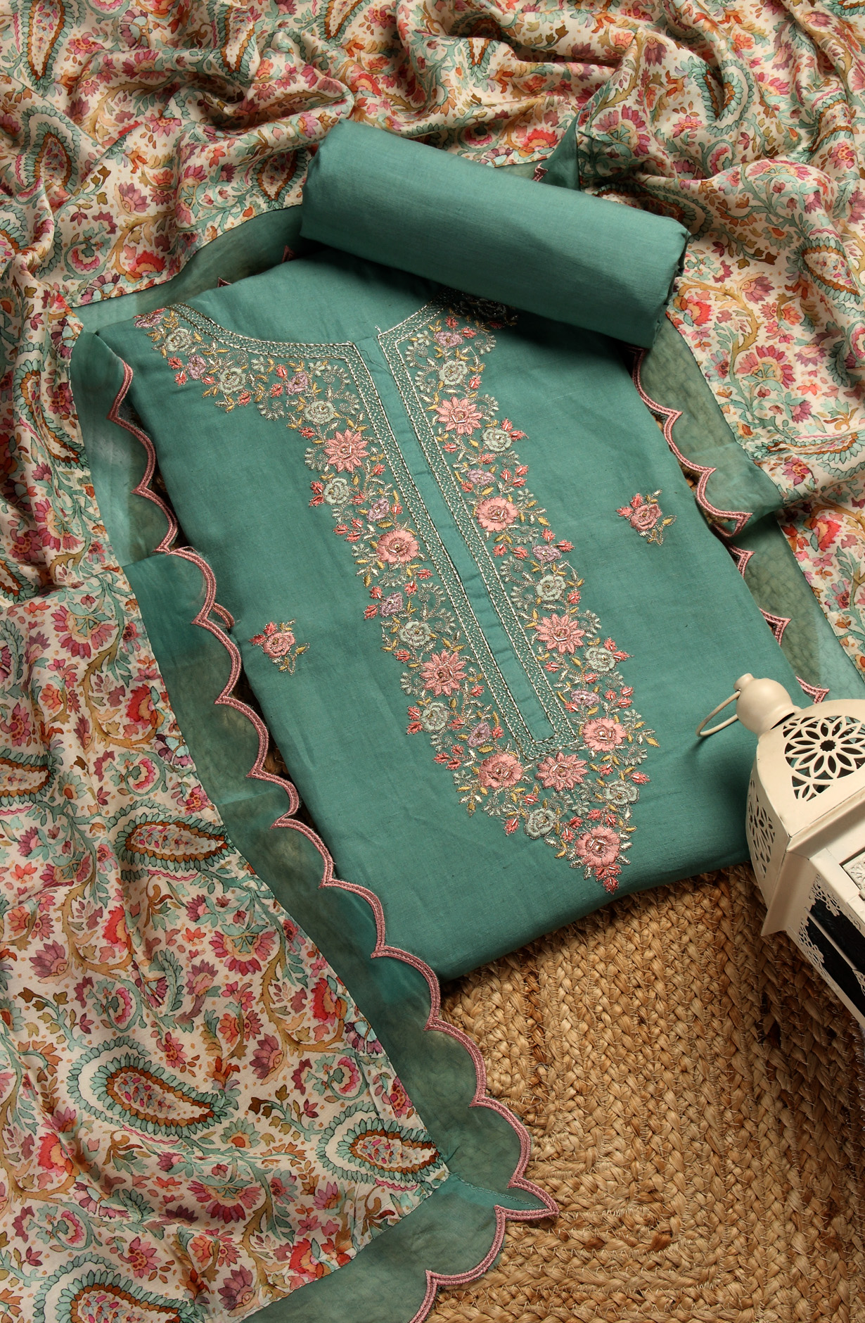 Green Cotton Beautiful Embroidered Unstitched Salwar Suit - R157-SPR1517A