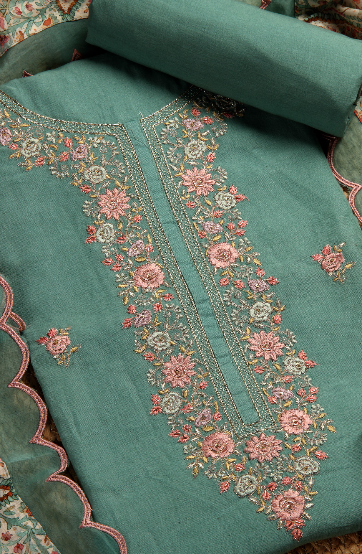 Green Cotton Beautiful Embroidered Unstitched Salwar Suit - R157-SPR1517A