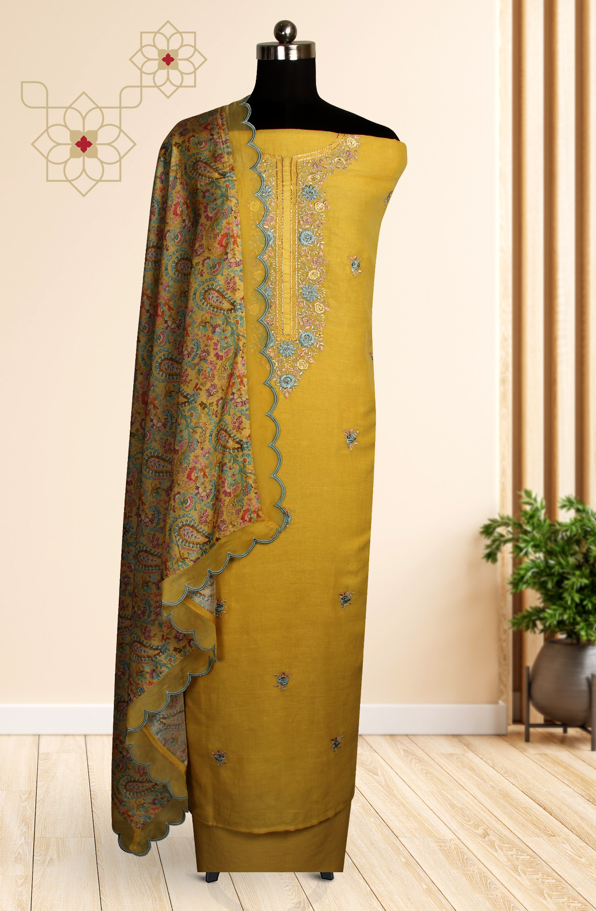 Mustard Cotton Beautiful Embroidered Unstitched Salwar Suit - R157-SPR1517B