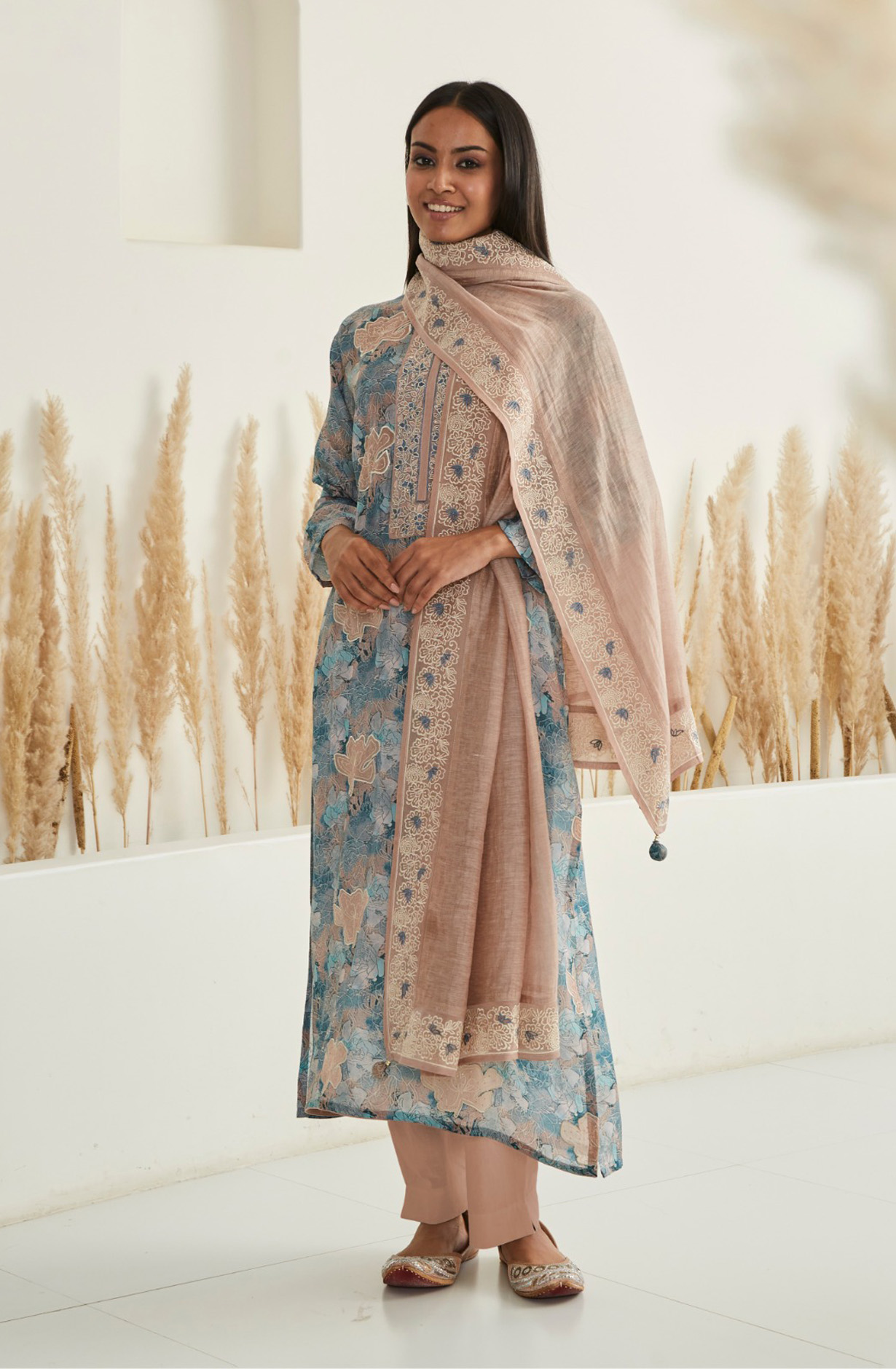 Multi-coloured Muslin Designer Festive Wear Suit with Linen Dupatta - R157-SPR1521