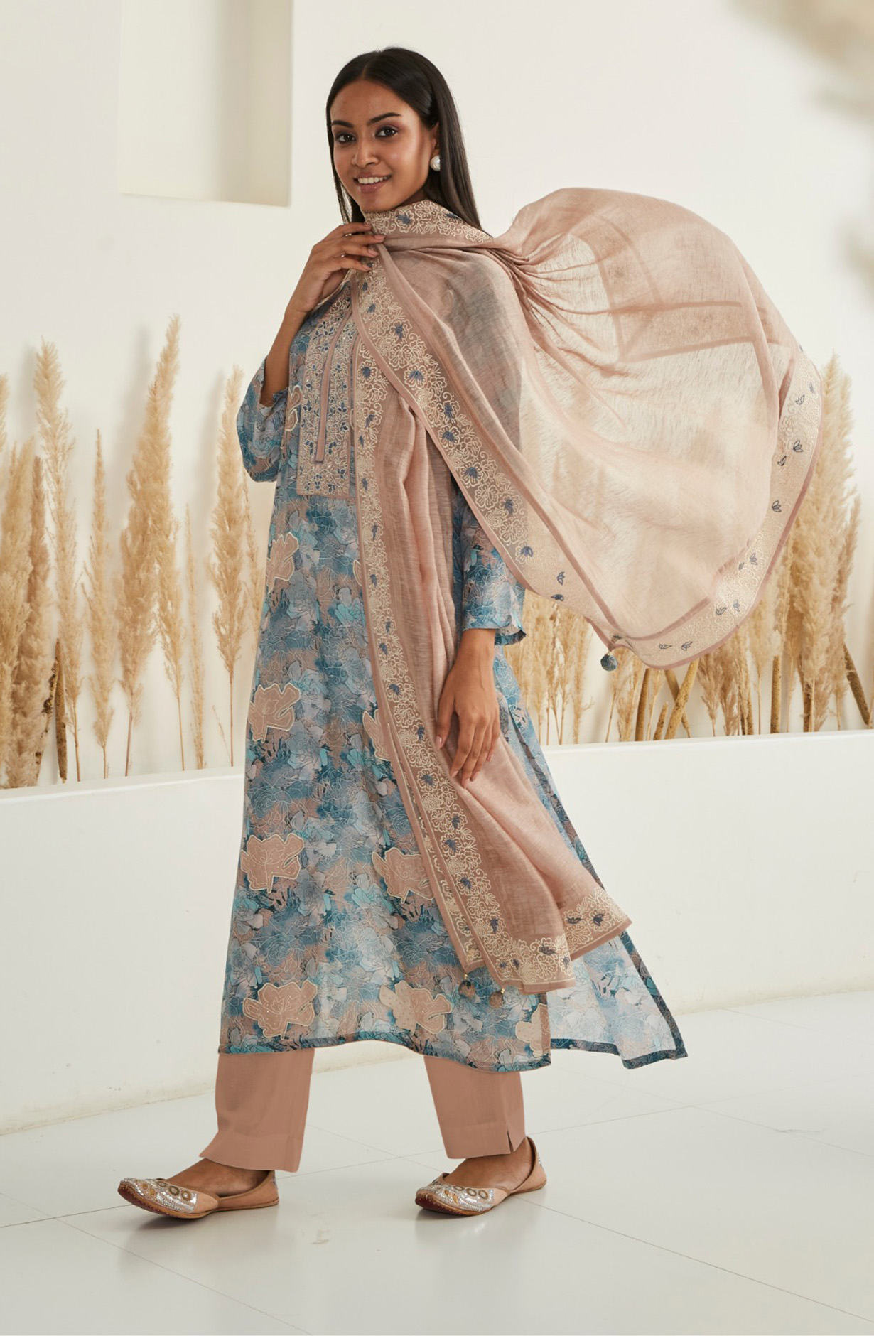 Multi-coloured Muslin Designer Festive Wear Suit with Linen Dupatta - R157-SPR1521