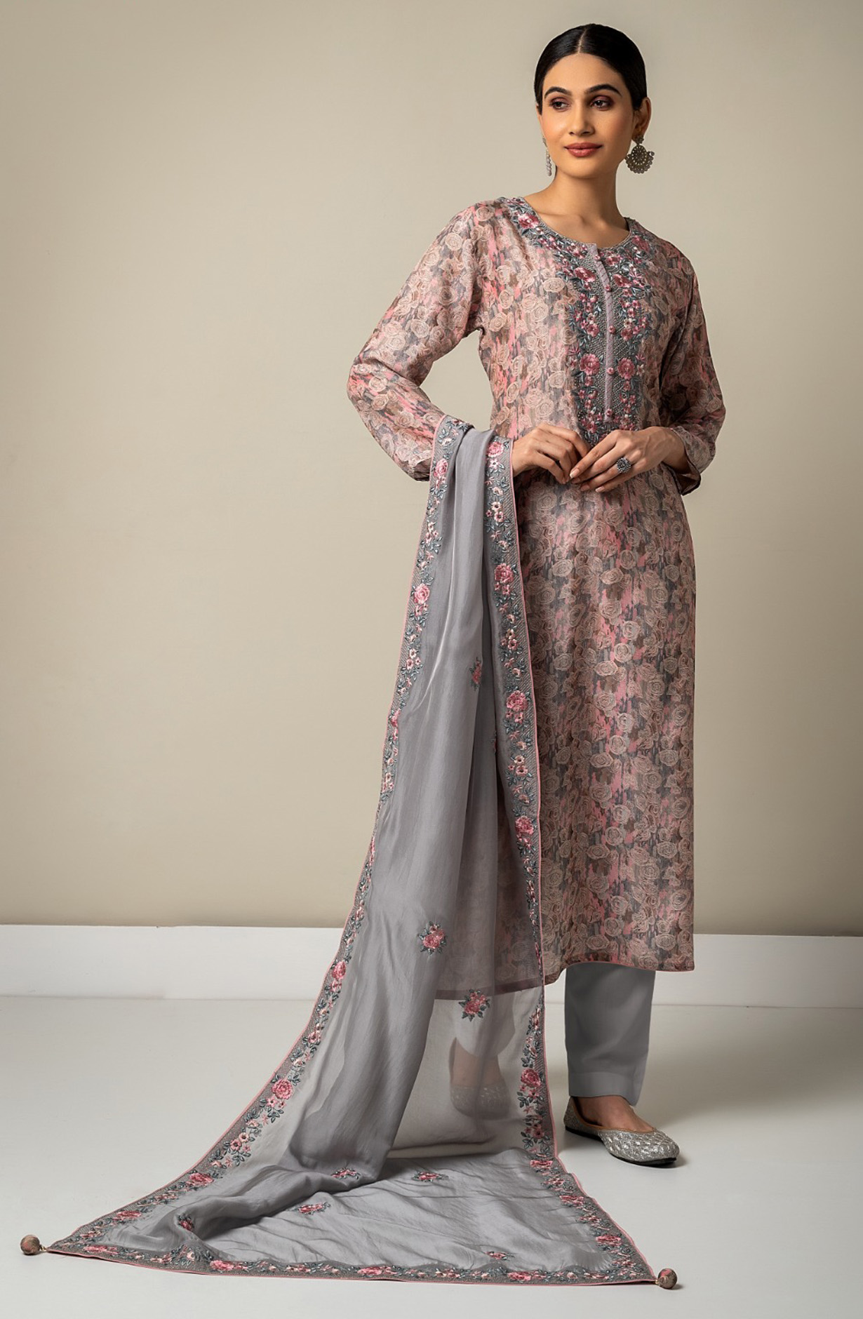 Grey Muslin Beautiful Festive Salwar Kameez with Organza Dupatta - R157-SPR1522A