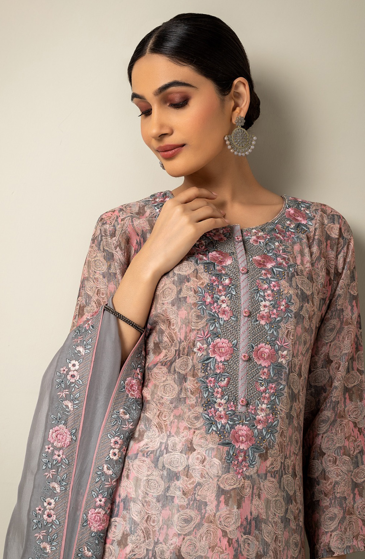 Grey Muslin Beautiful Festive Salwar Kameez with Organza Dupatta - R157-SPR1522A