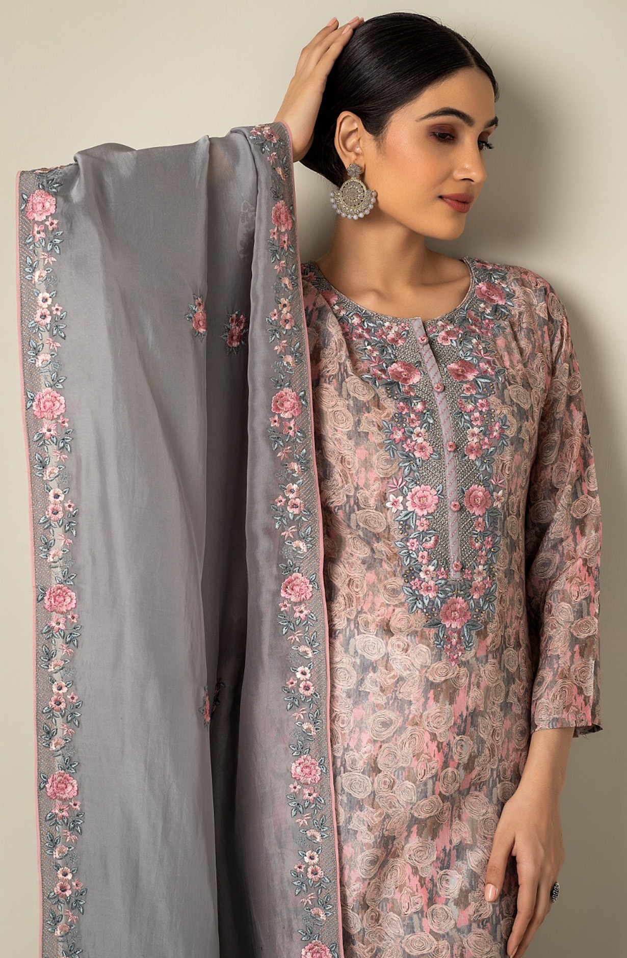 Grey Muslin Beautiful Festive Salwar Kameez with Organza Dupatta - R157-SPR1522A