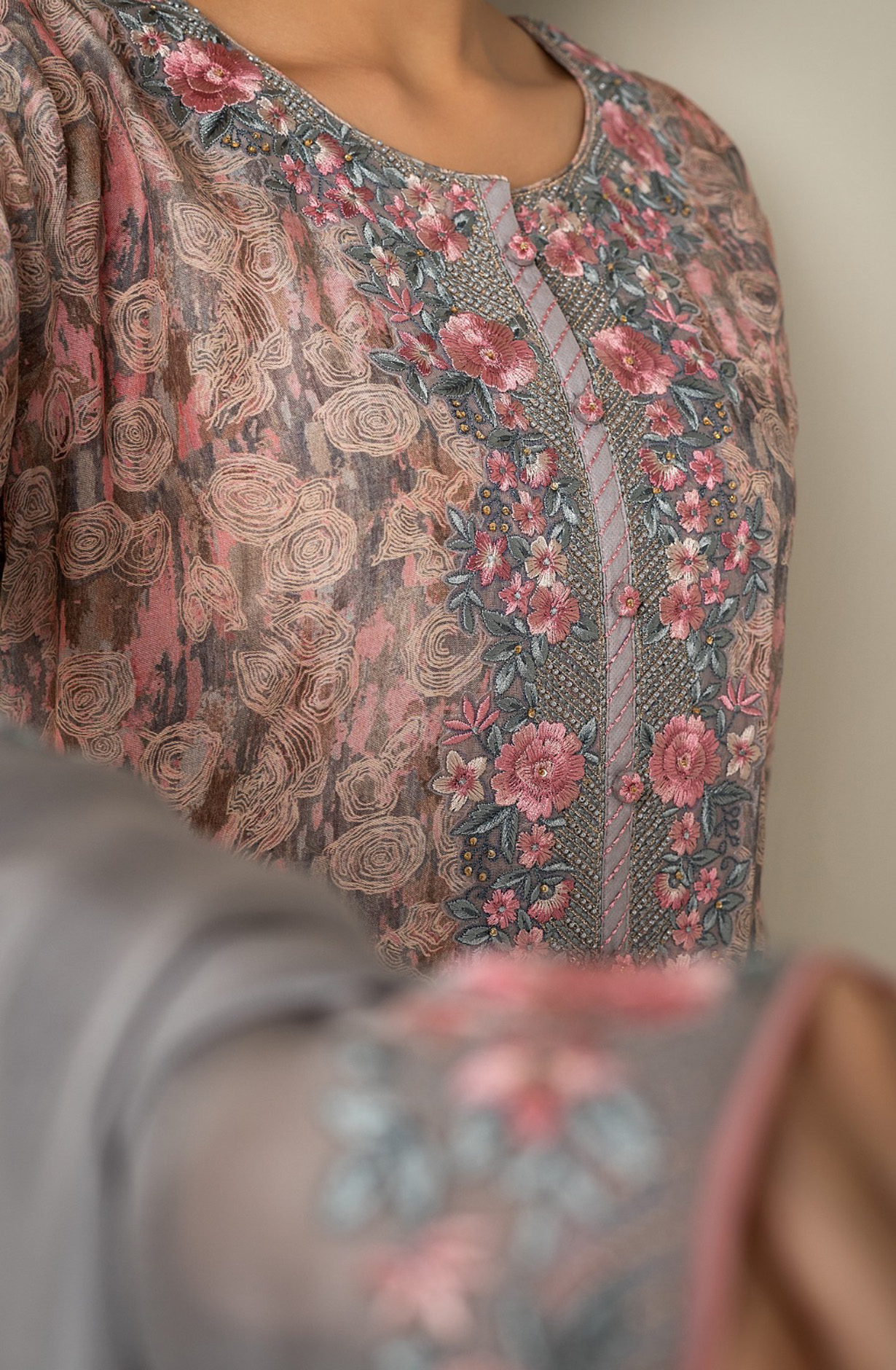 Grey Muslin Beautiful Festive Salwar Kameez with Organza Dupatta - R157-SPR1522A