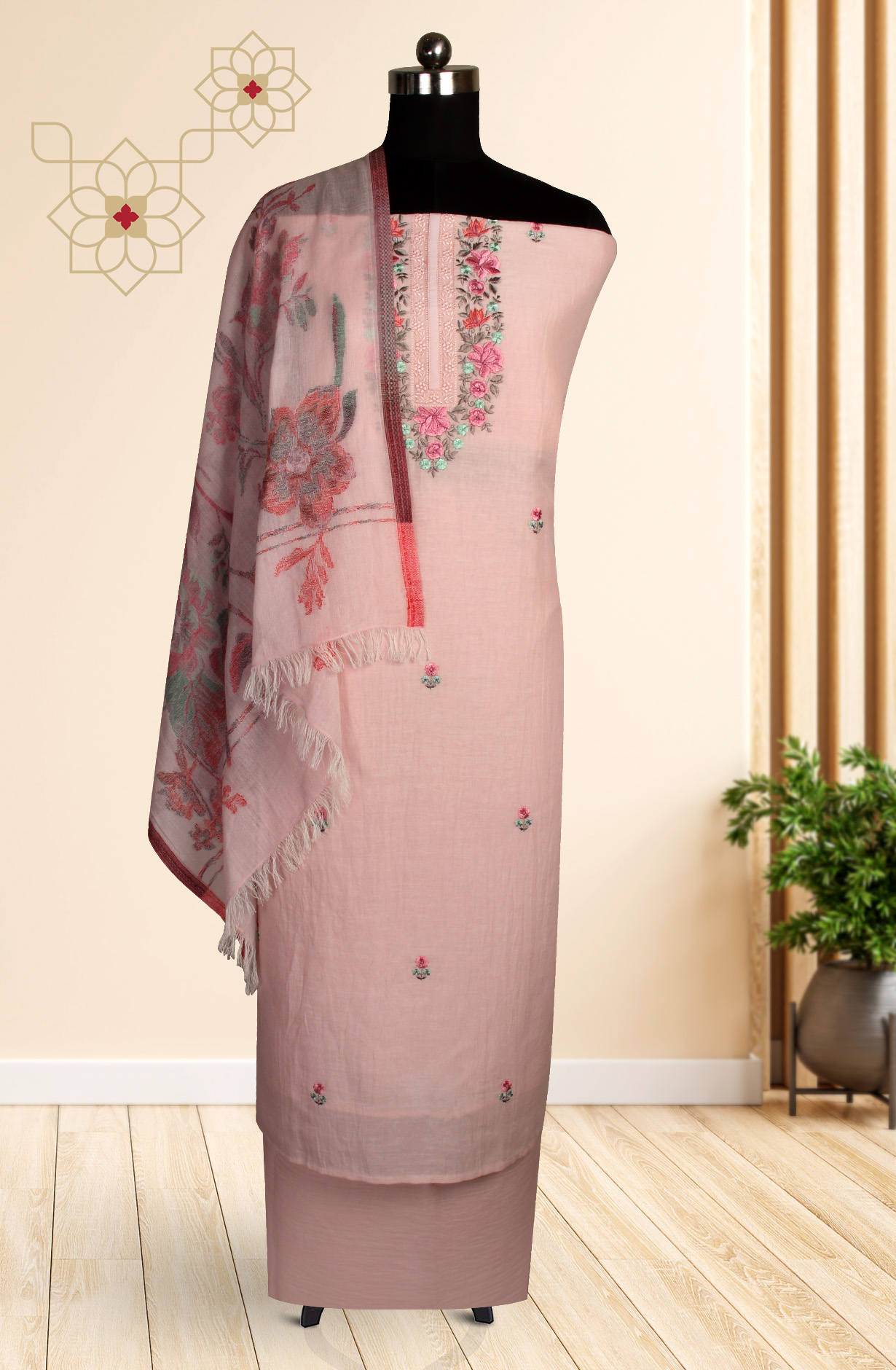 Pink Cotton Embroidered Salwar Kameez with Dupatta - R157-SPR1523A