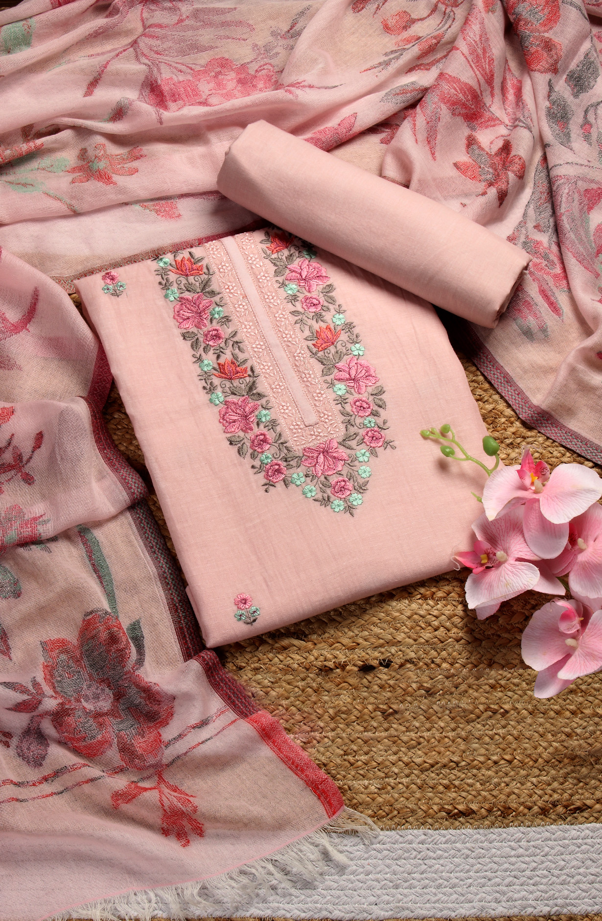 Pink Cotton Embroidered Salwar Kameez with Dupatta - R157-SPR1523A