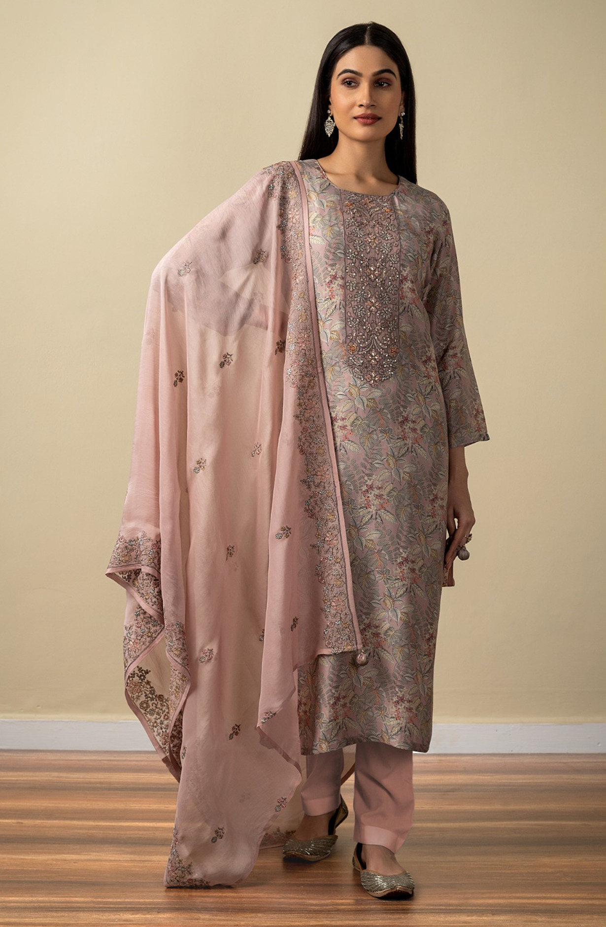 Peach Muslin Festive Wear Salwar Suit with Organza Dupatta - R157-SPR1527