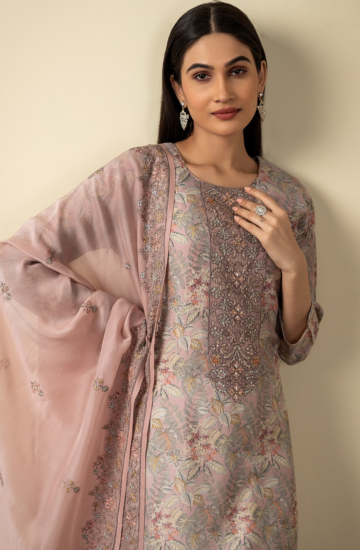 Peach Muslin Festive Wear Salwar Suit with Organza Dupatta - R157-SPR1527