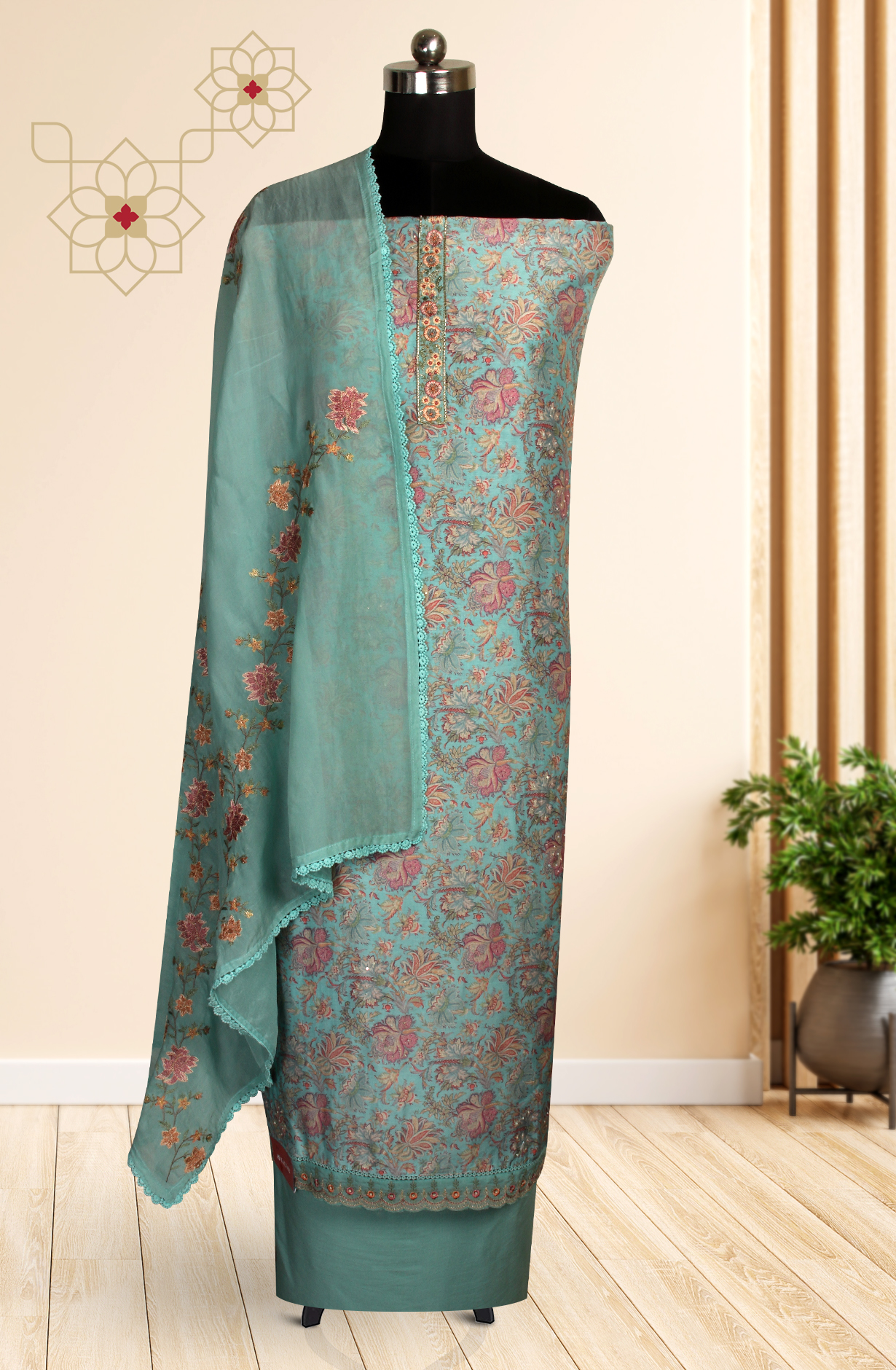 Muslin Sea Green Designer Salwar Kameez with Organza Dupatta - R157-SPR1531