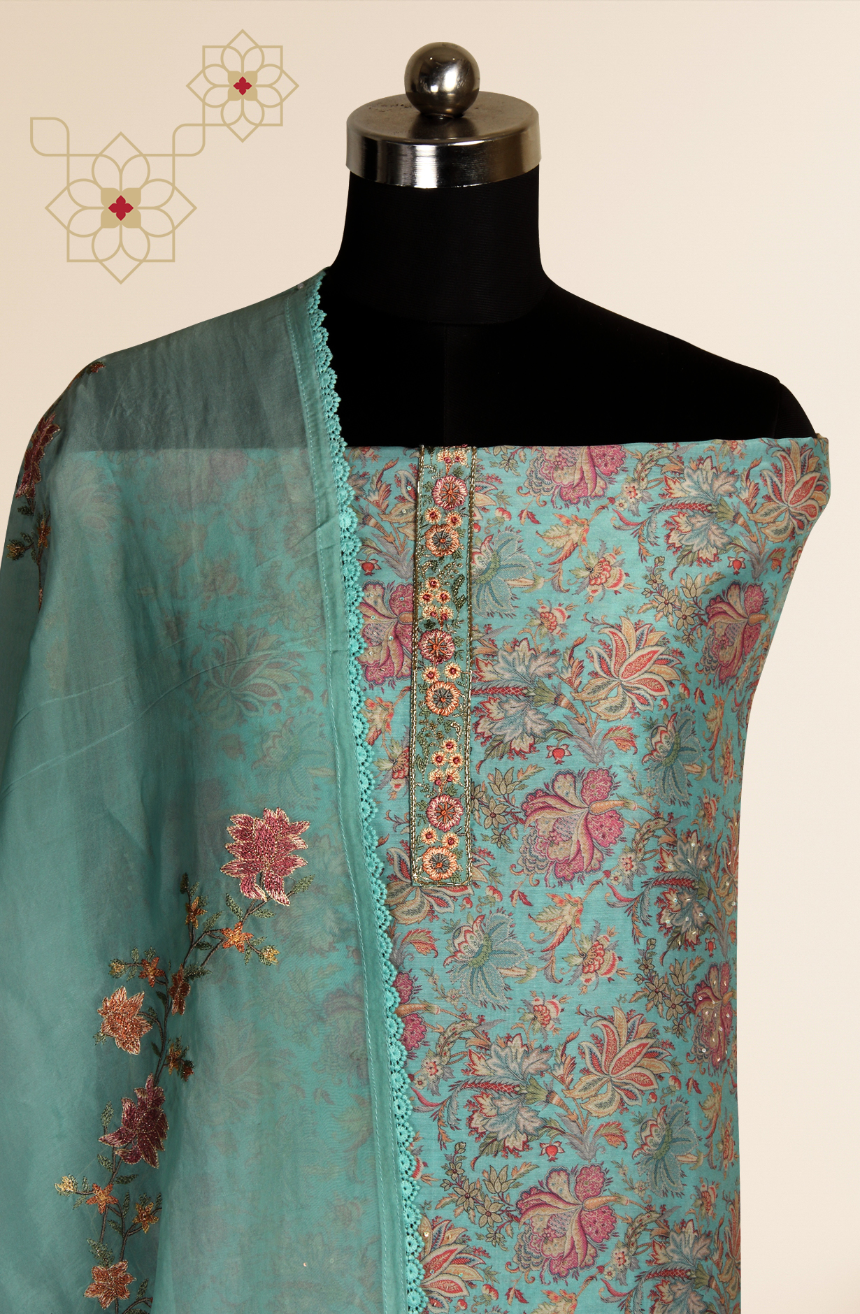 Muslin Sea Green Designer Salwar Kameez with Organza Dupatta - R157-SPR1531