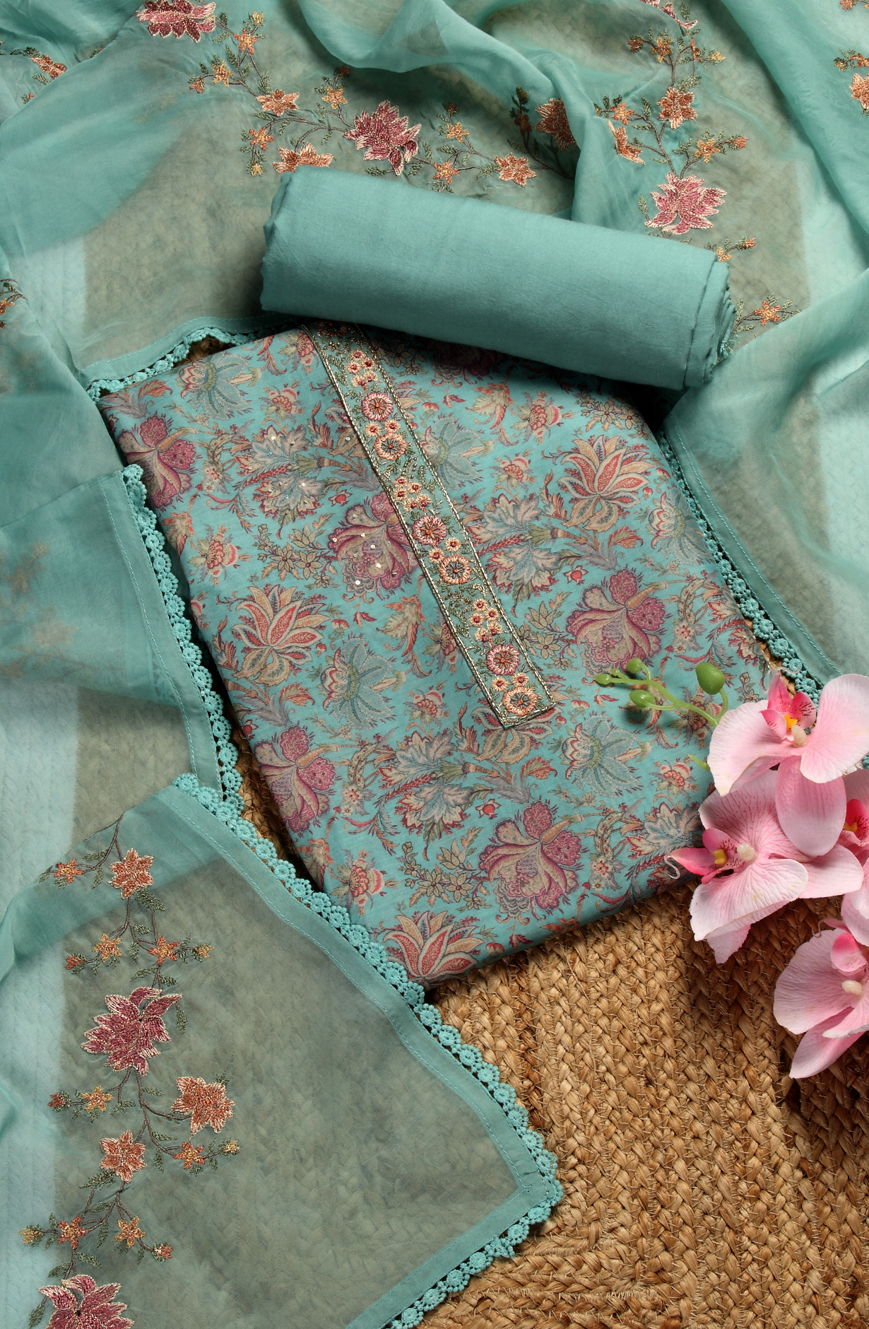 Muslin Sea Green Designer Salwar Kameez with Organza Dupatta - R157-SPR1531