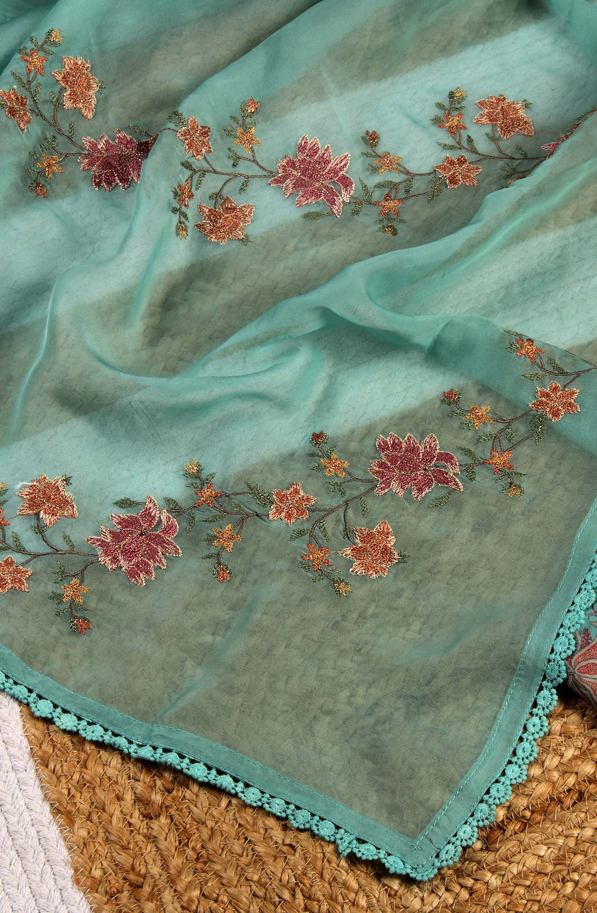 Muslin Sea Green Designer Salwar Kameez with Organza Dupatta - R157-SPR1531