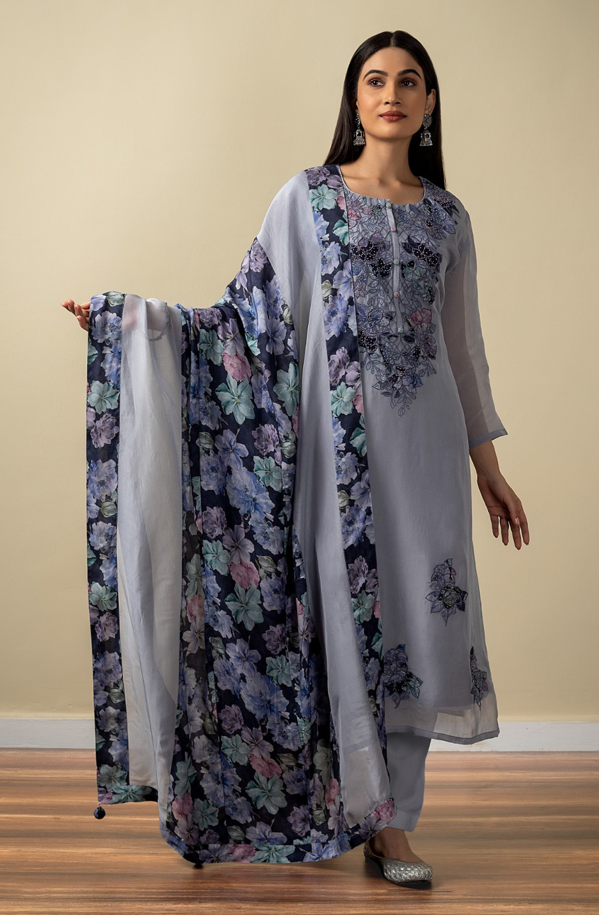 Grey Organza Beautiful Festive Salwar Kameez with Dupatta - R157-SPR1532B