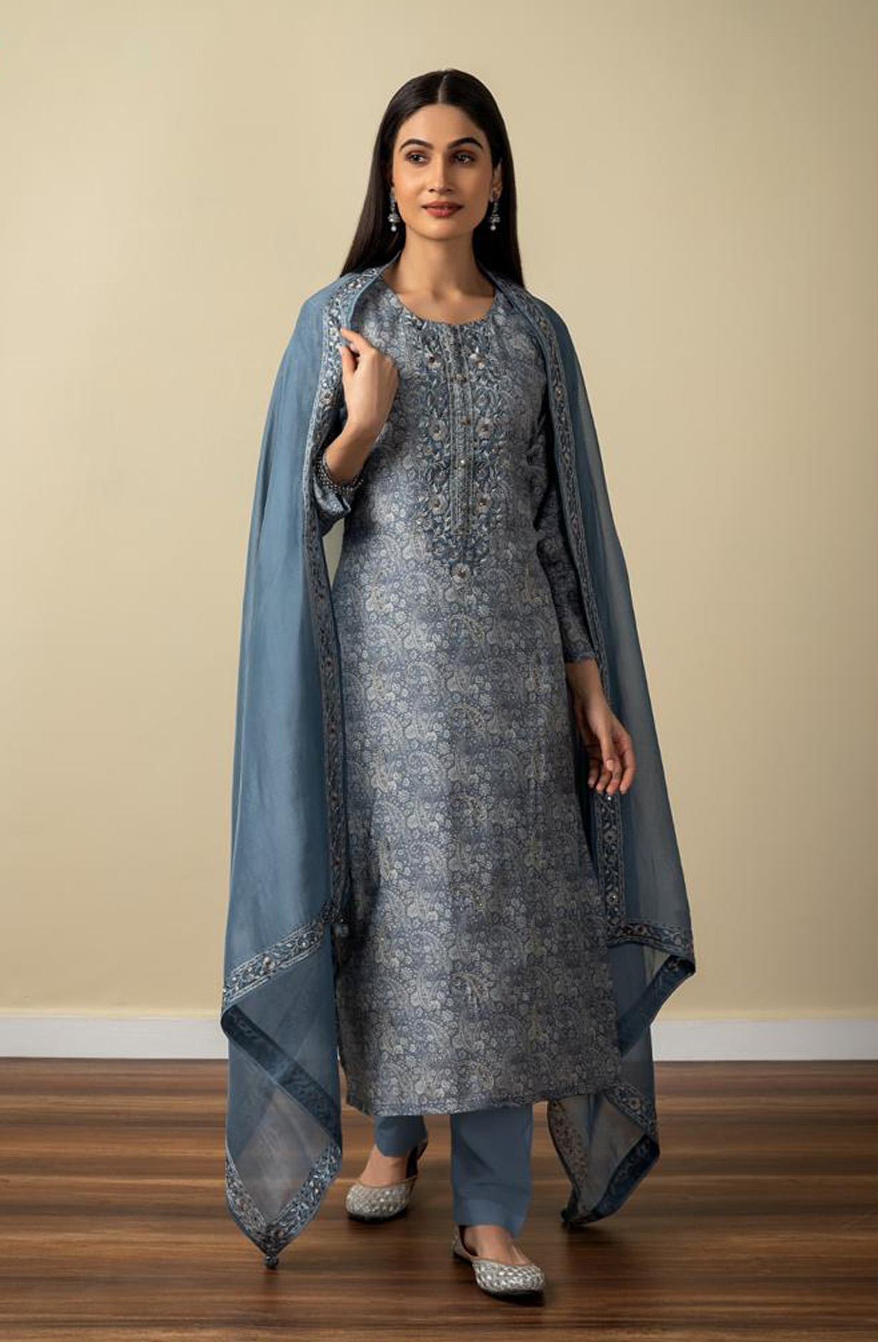 Pastel Grey Muslin Festive Wear Salwar Suit with Organza Dupatta - R157-SPR1534B