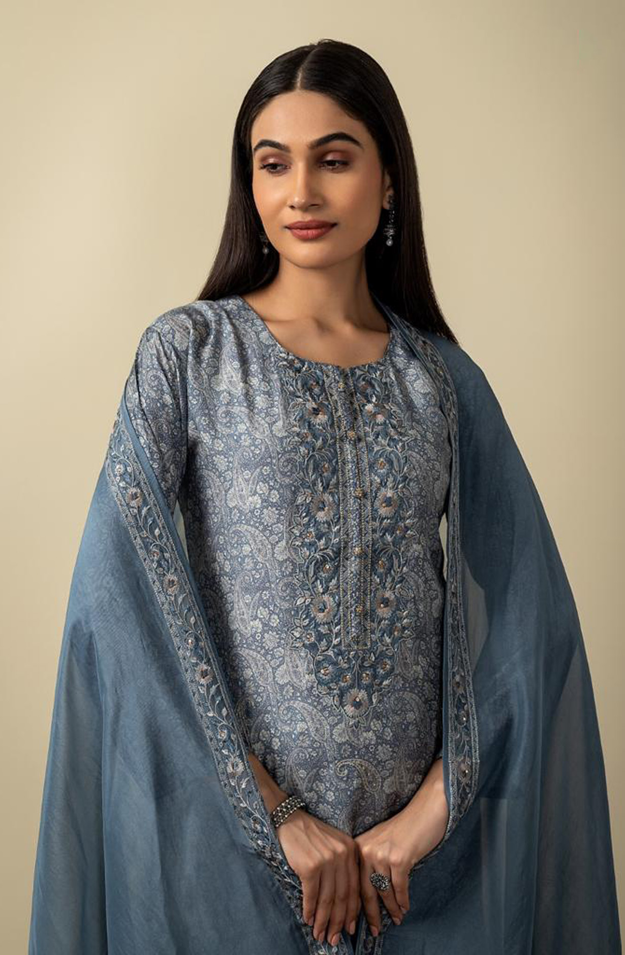 Pastel Grey Muslin Festive Wear Salwar Suit with Organza Dupatta - R157-SPR1534B